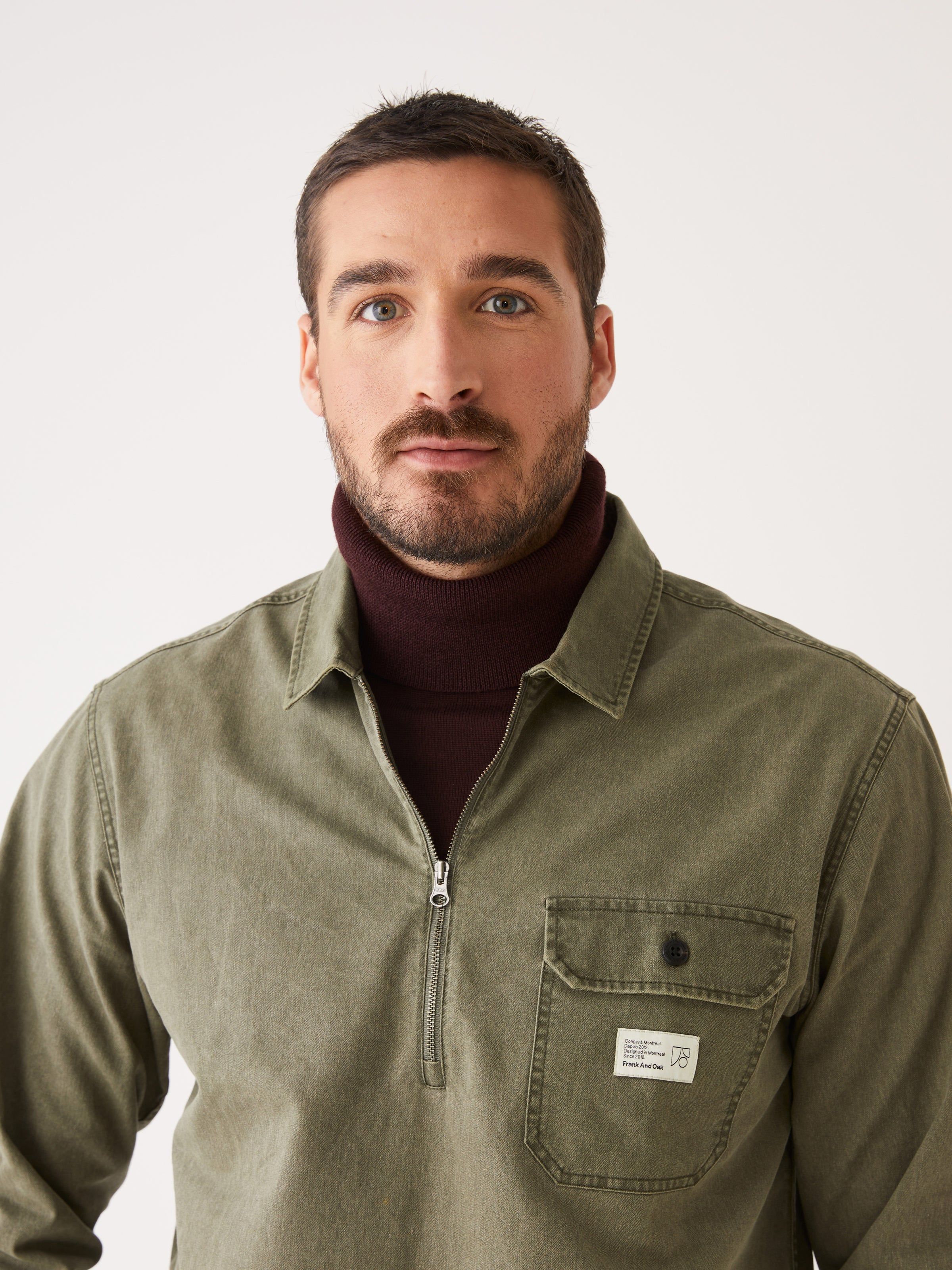 The Half-Zip Twill Popover Overshirt in Khaki sold by Frank & Oak product image thumbnail 3