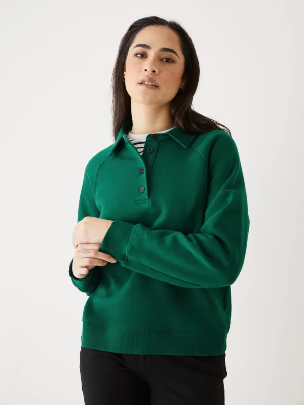The Fleece Polo Sweatshirt in Evergreen sold by Frank & Oak