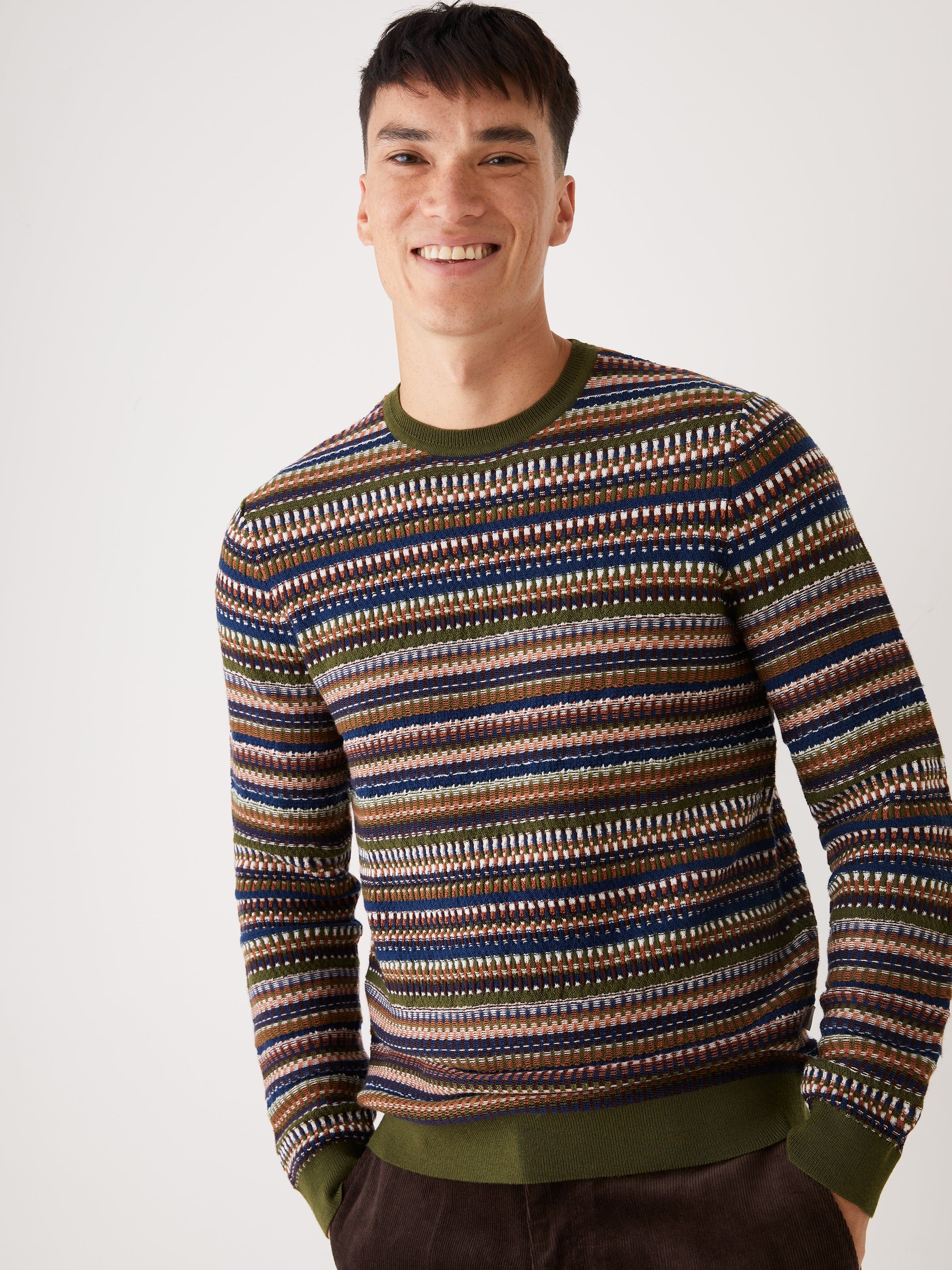 The Merino Wool Jacquard Sweater in Green sold by Frank & Oak