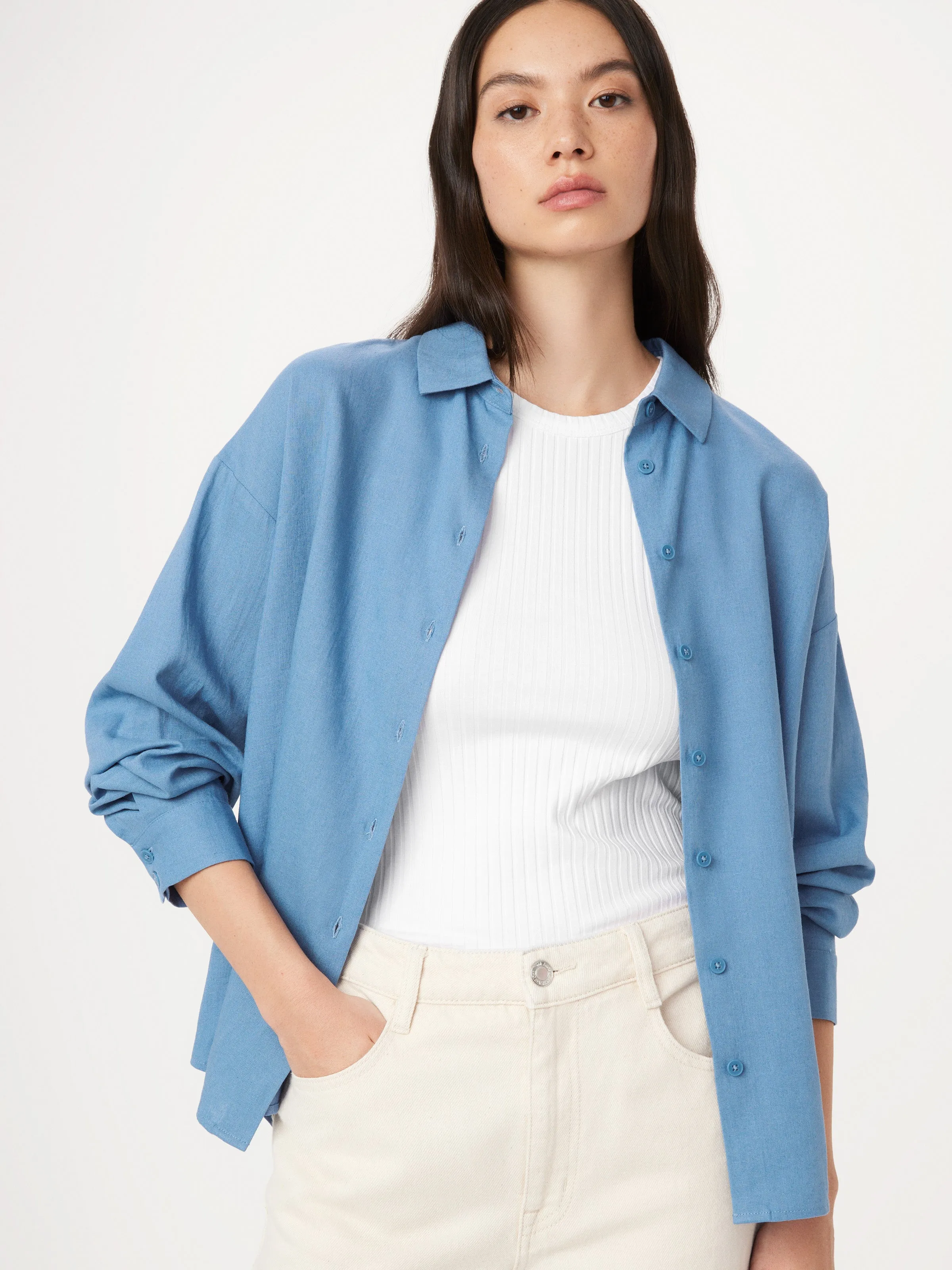 The Linen Long Sleeve Shirt in Coronet Blue sold by Frank & Oak