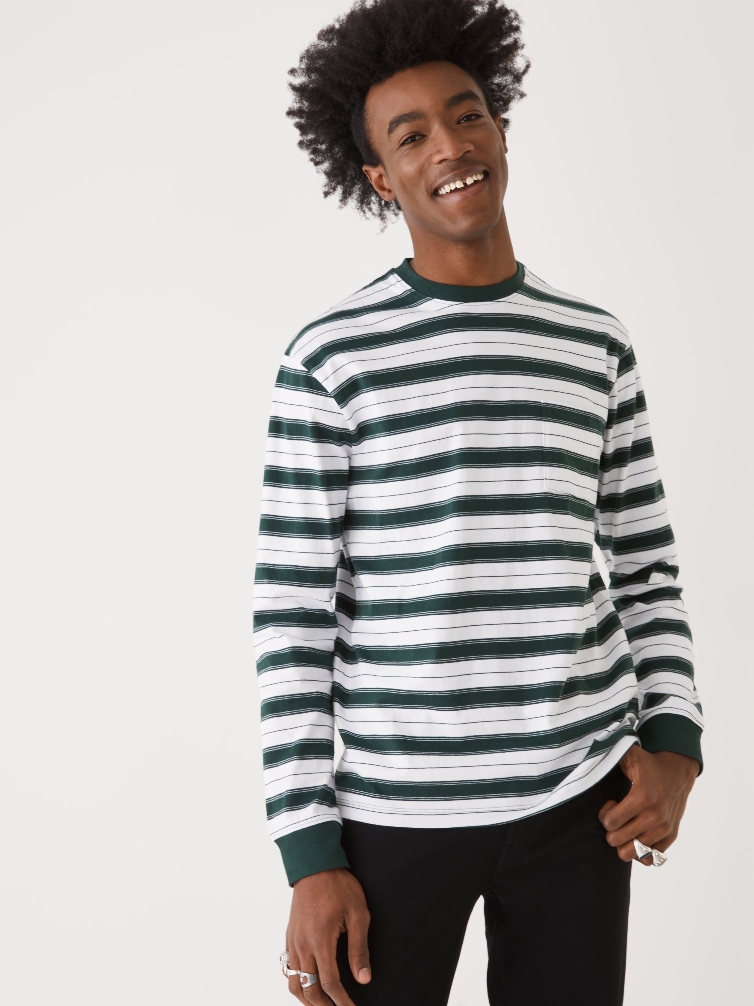 The Striped Long Sleeve T-Shirt in Pine Grove sold by Frank & Oak