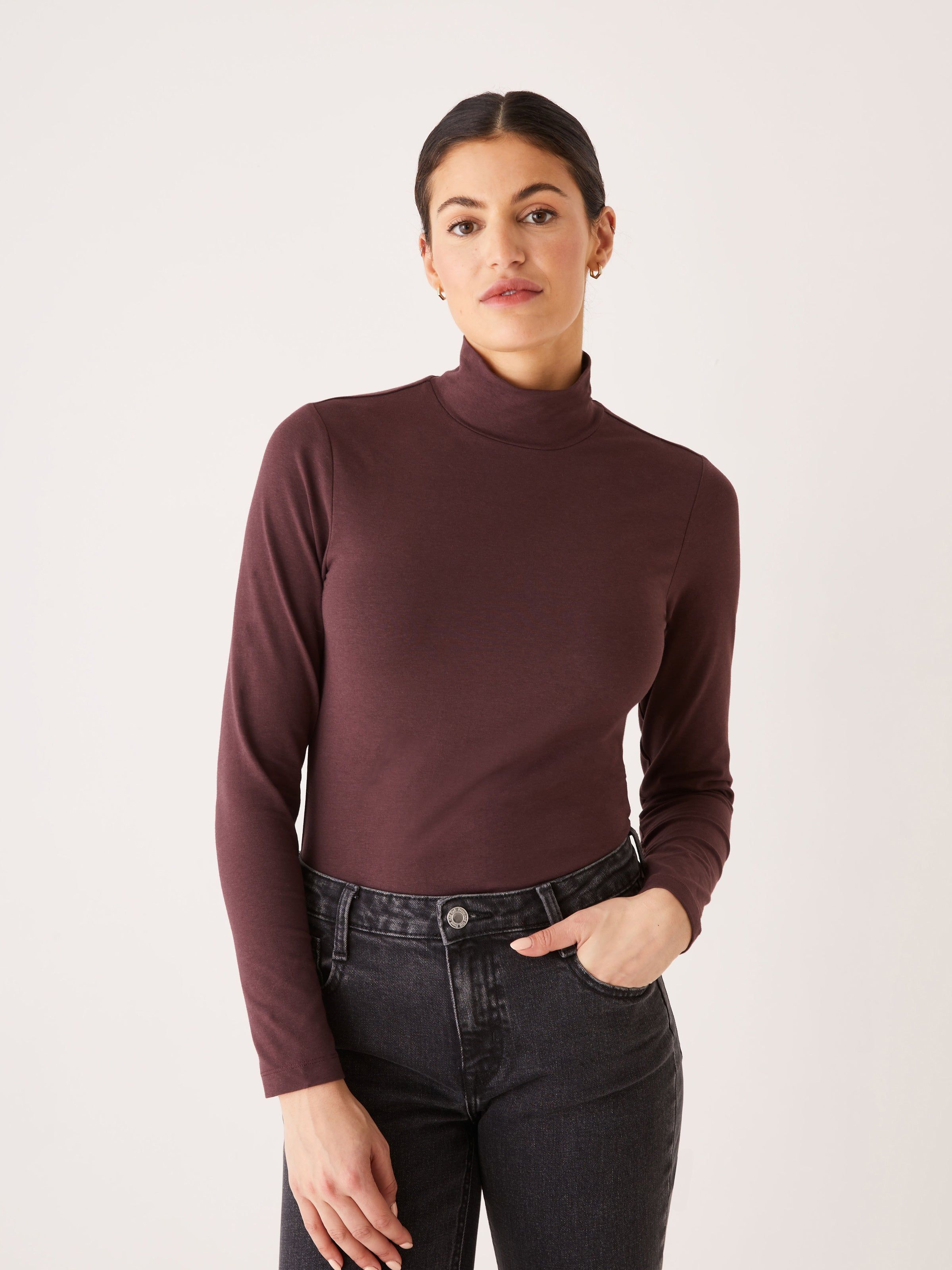 The Long Sleeve Mockneck in Fudge sold by Frank & Oak