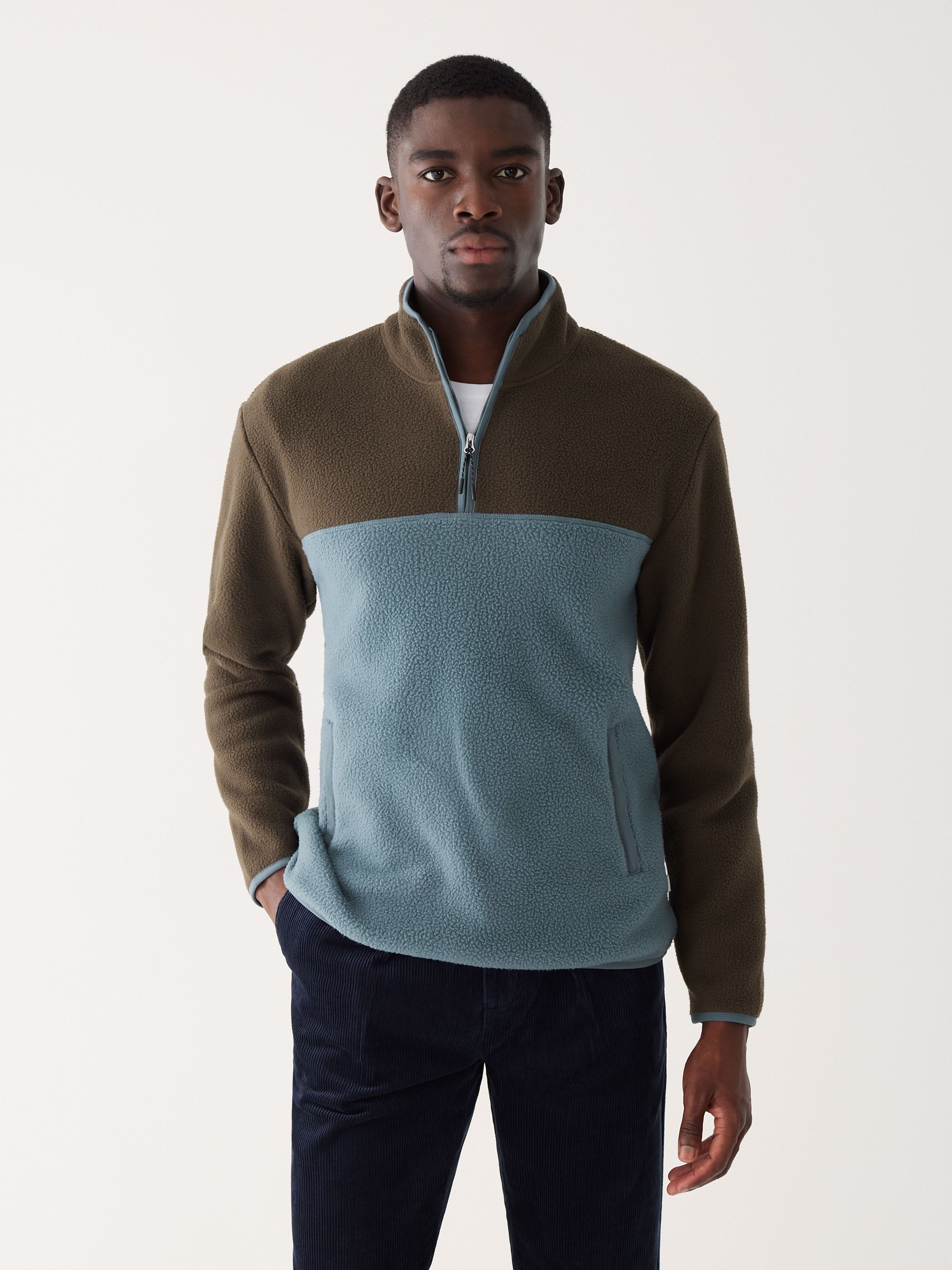 The Axis Colour Block Pullover in Storm Blue sold by Frank & Oak