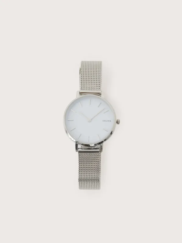 Solios Watches - The Solar White - Silver Mesh & Silver Case sold by Frank & Oak
