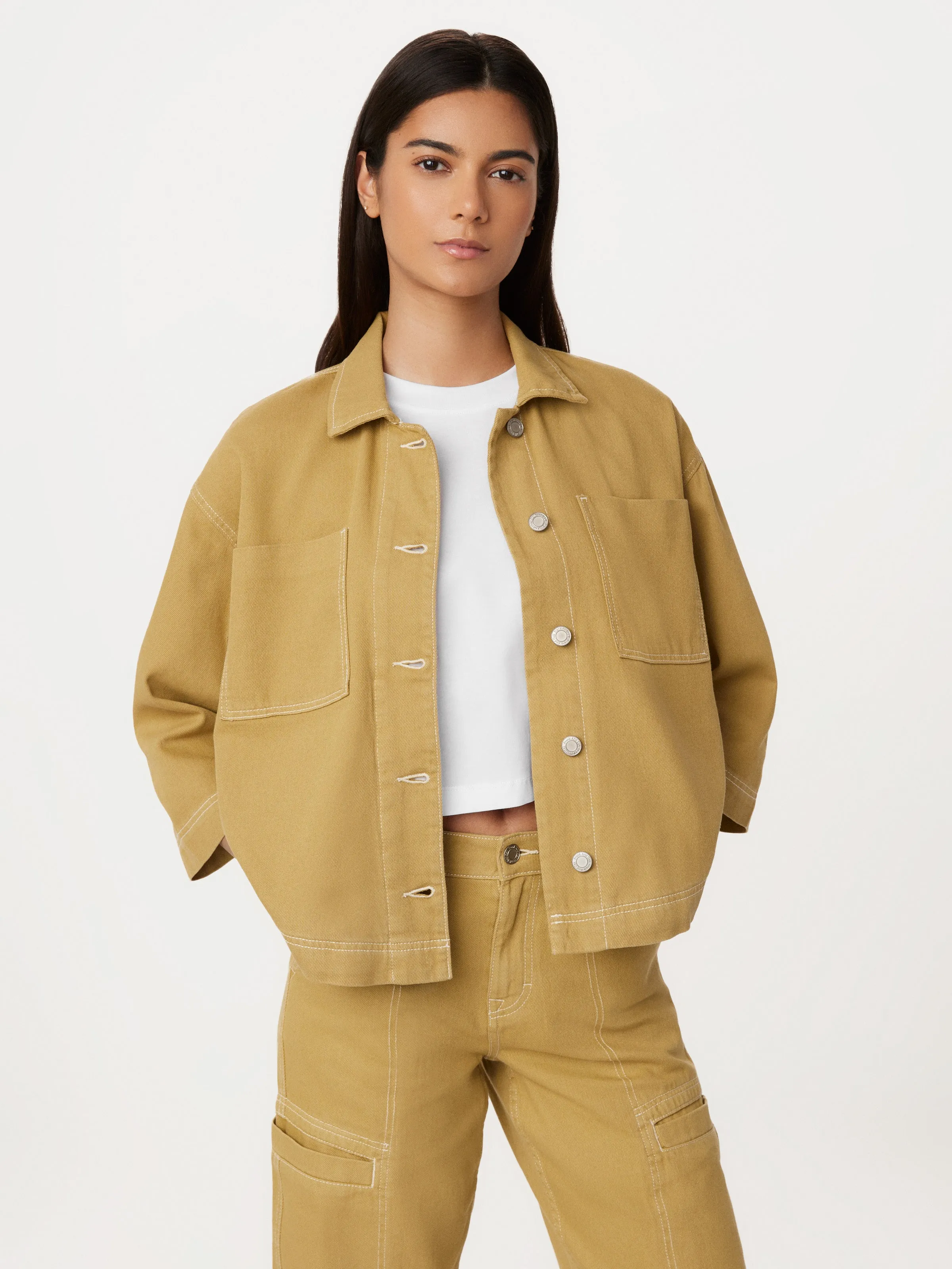 The Utility Overpiece Jacket in Golden Beige sold by Frank & Oak