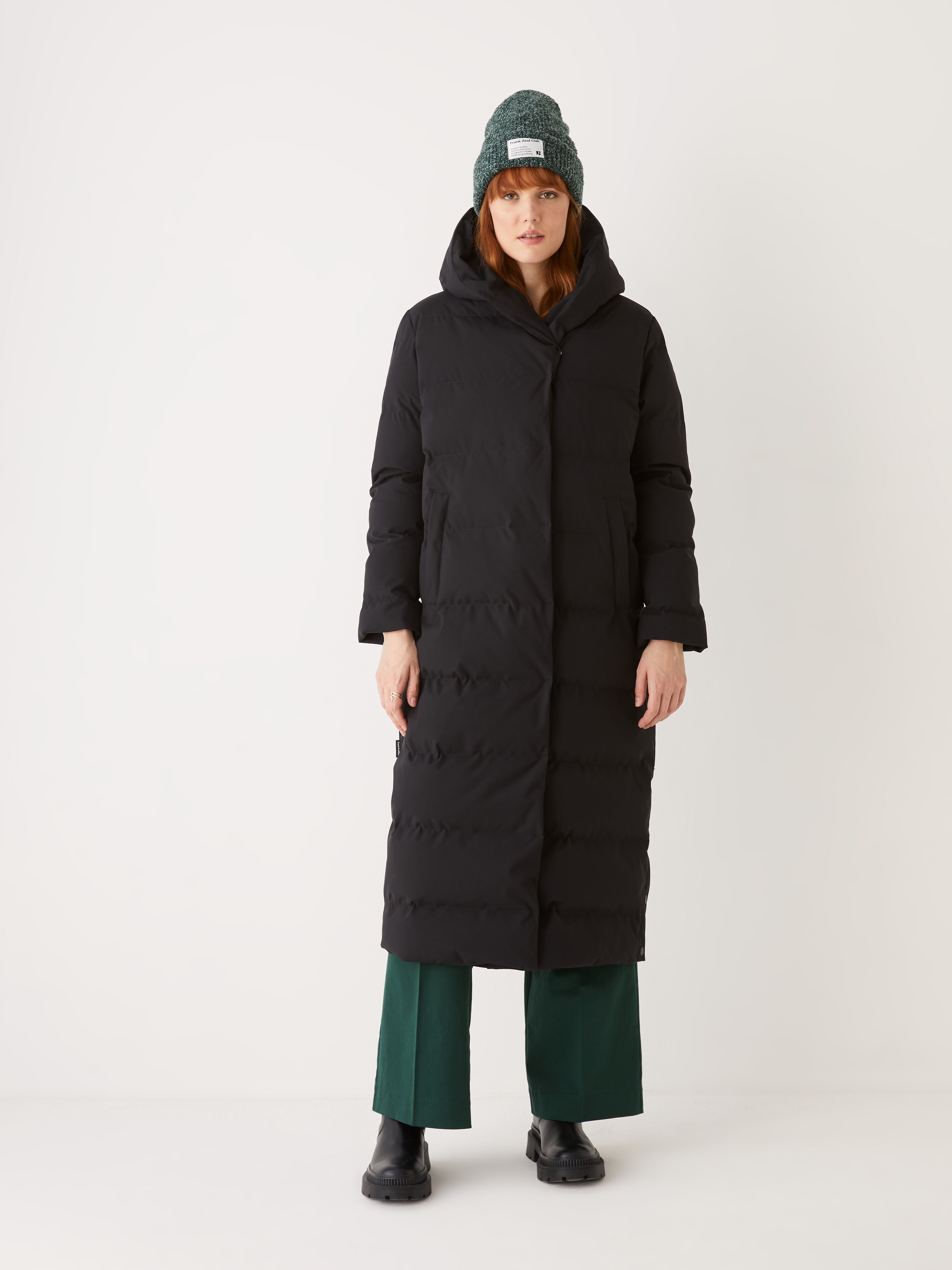 The Highland Long Puffer Coat in Black sold by Frank & Oak