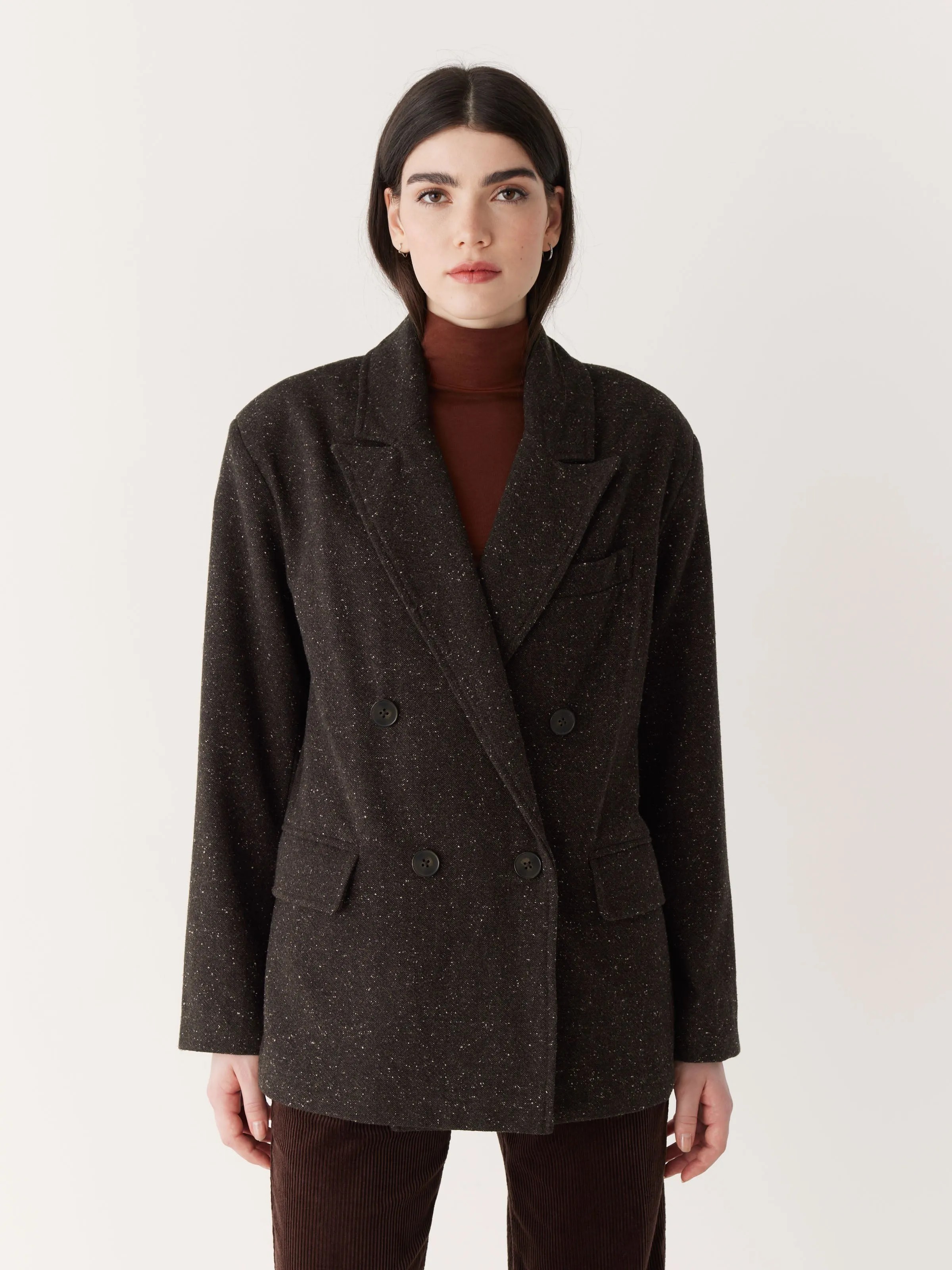 The Comfort Double Breasted Blazer in Dark Brown sold by Frank & Oak