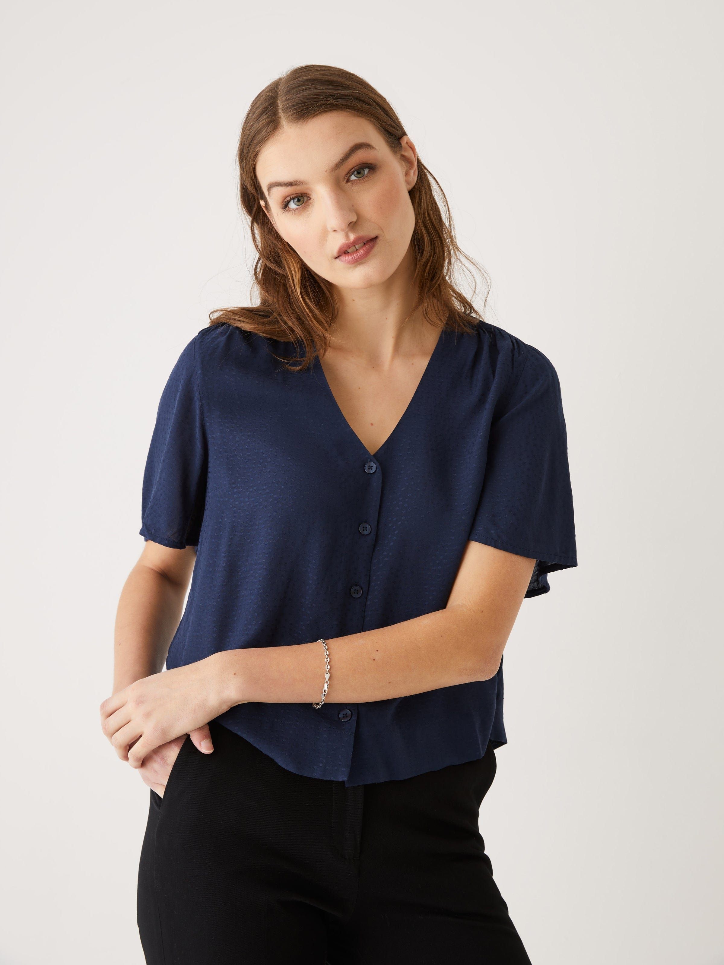 Ruched Flutter Sleeve Blouse in Navy sold by Frank & Oak