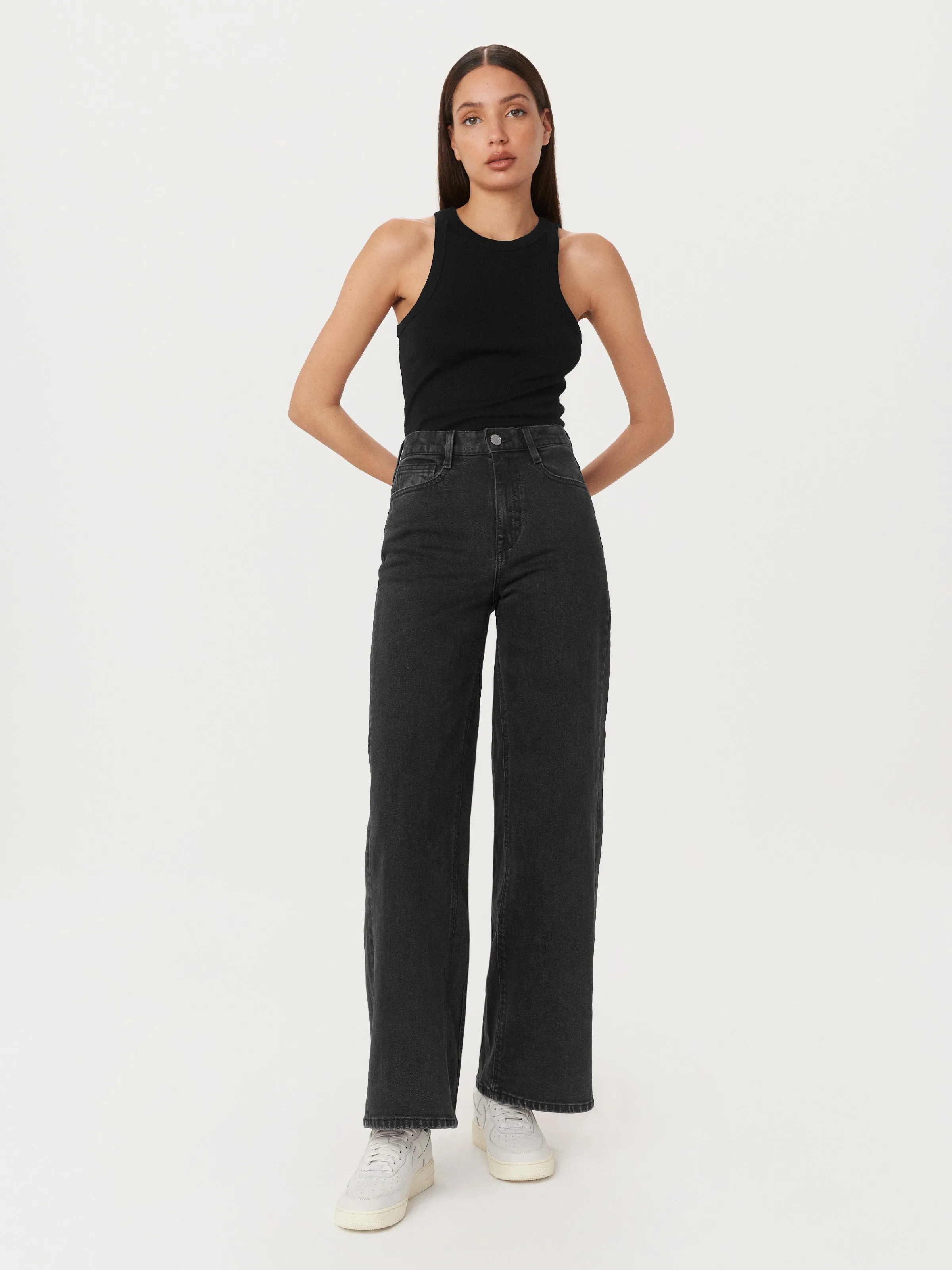 The Nina Wide Leg Jean in Washed Black sold by Frank & Oak