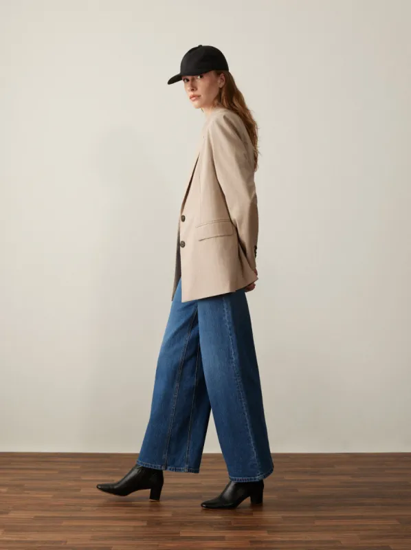 The Pinstriped Comfort Blazer in Oxford Tan sold by Frank & Oak