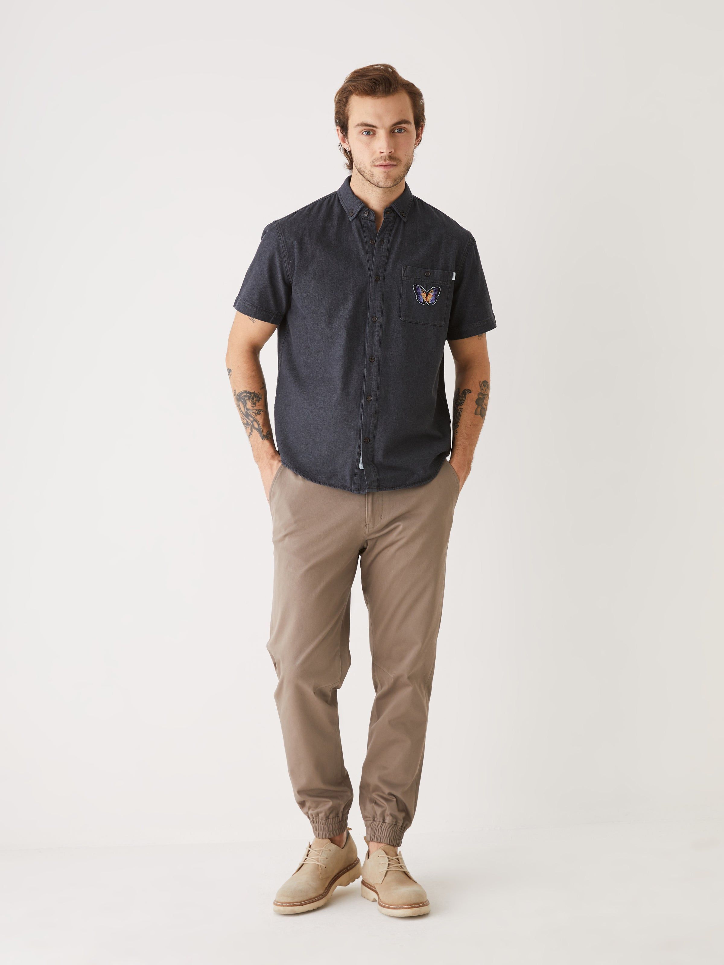 The Short Sleeve Denim Shirt in Washed Black sold by Frank & Oak