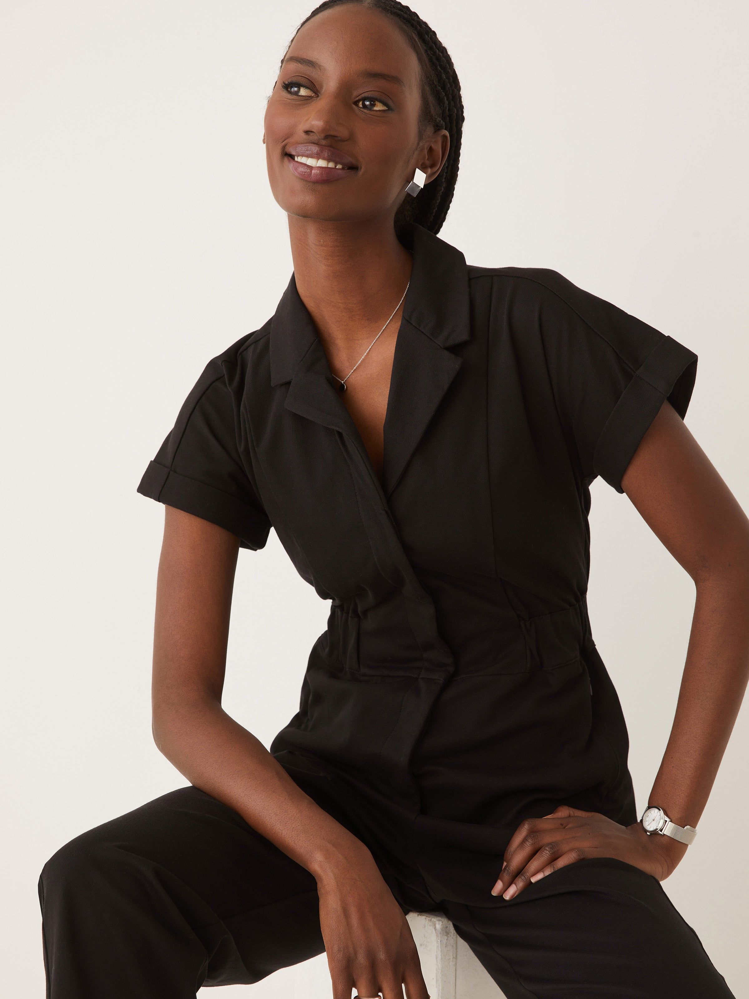 The Flex Commuter Jumpsuit in Black sold by Frank & Oak
