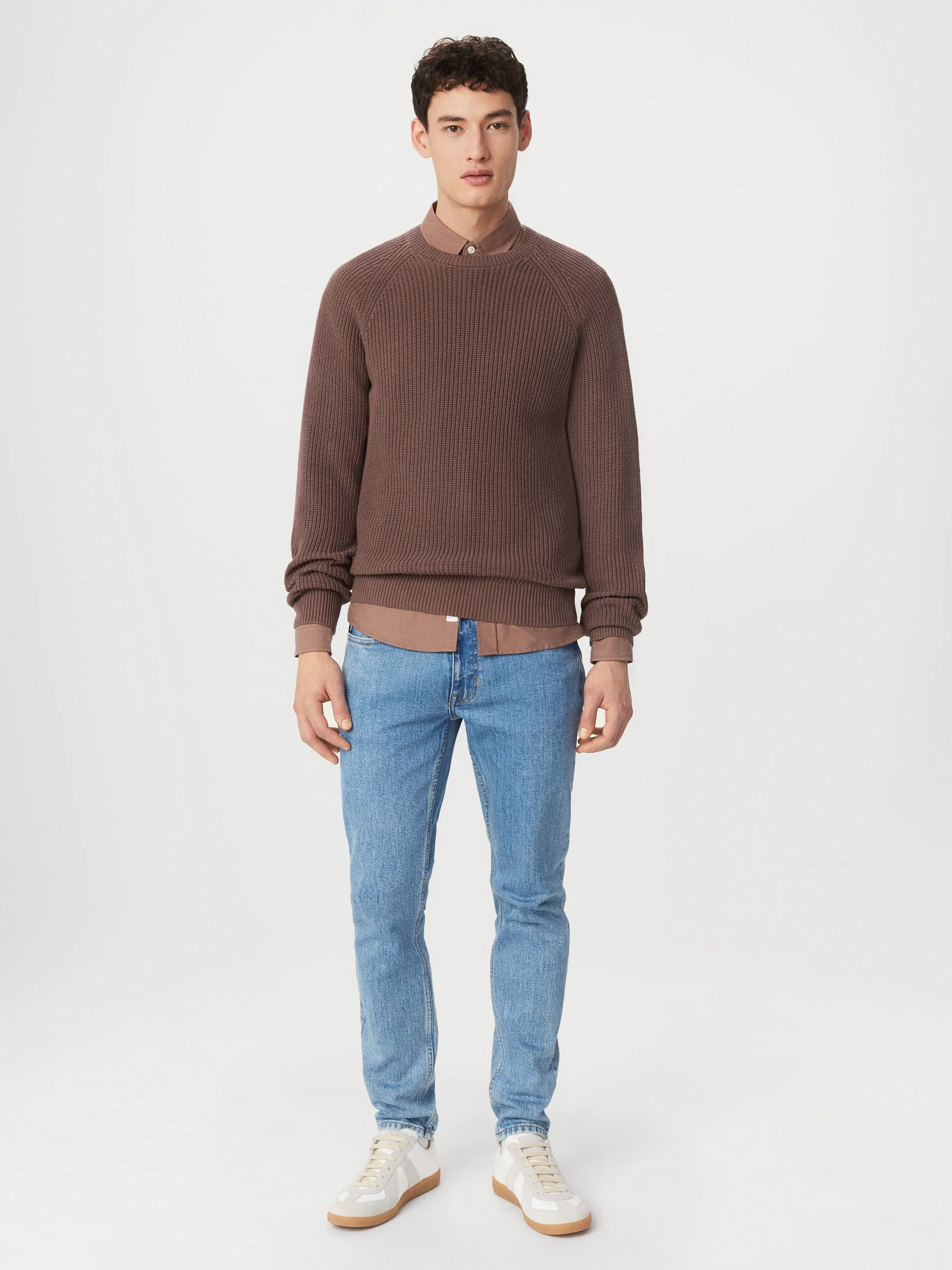 The Ribbed Crewneck Sweater in Dark Clay sold by Frank & Oak