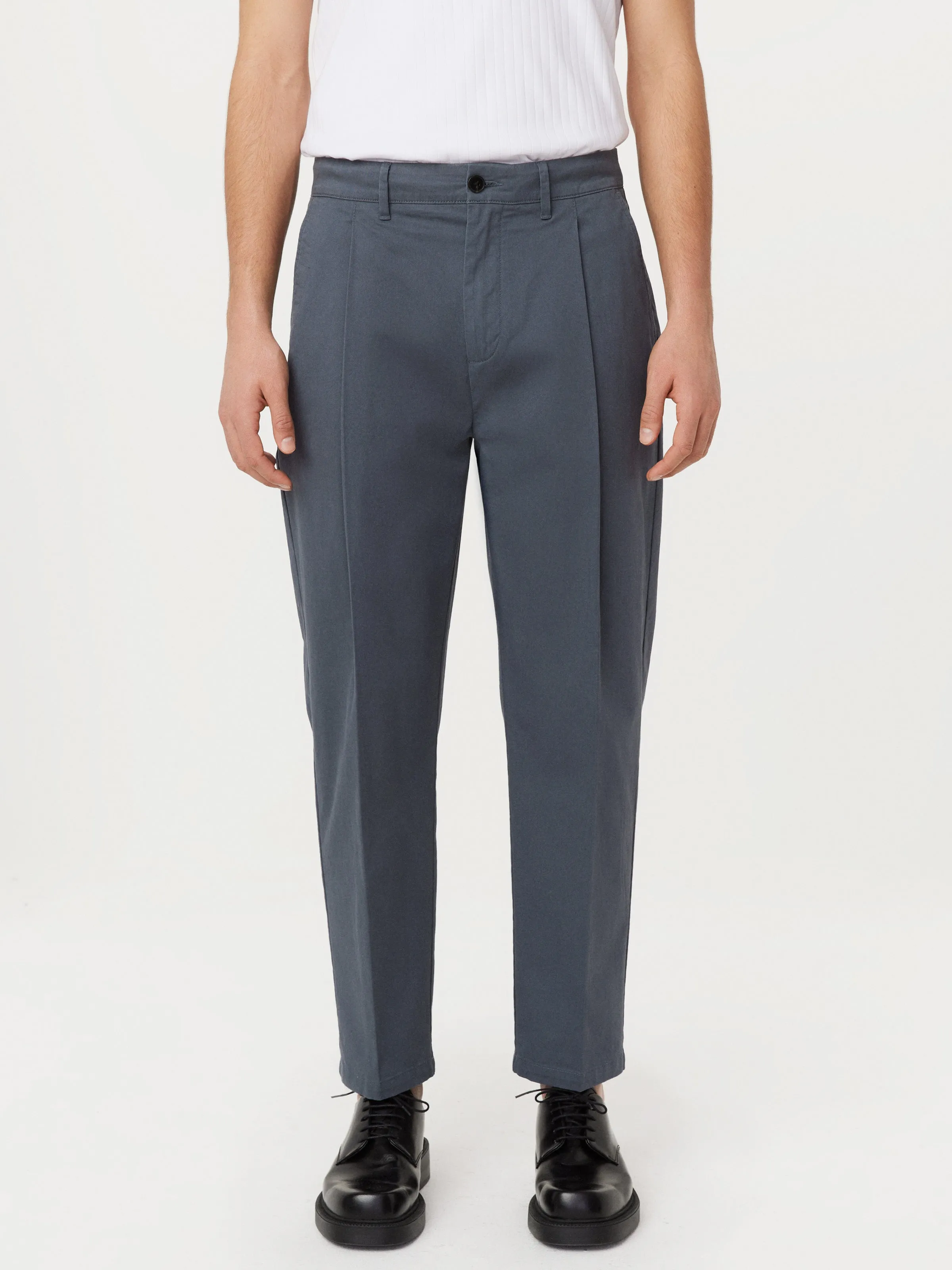 The Jamie Pleated Chino Pant in Ash Blue sold by Frank & Oak