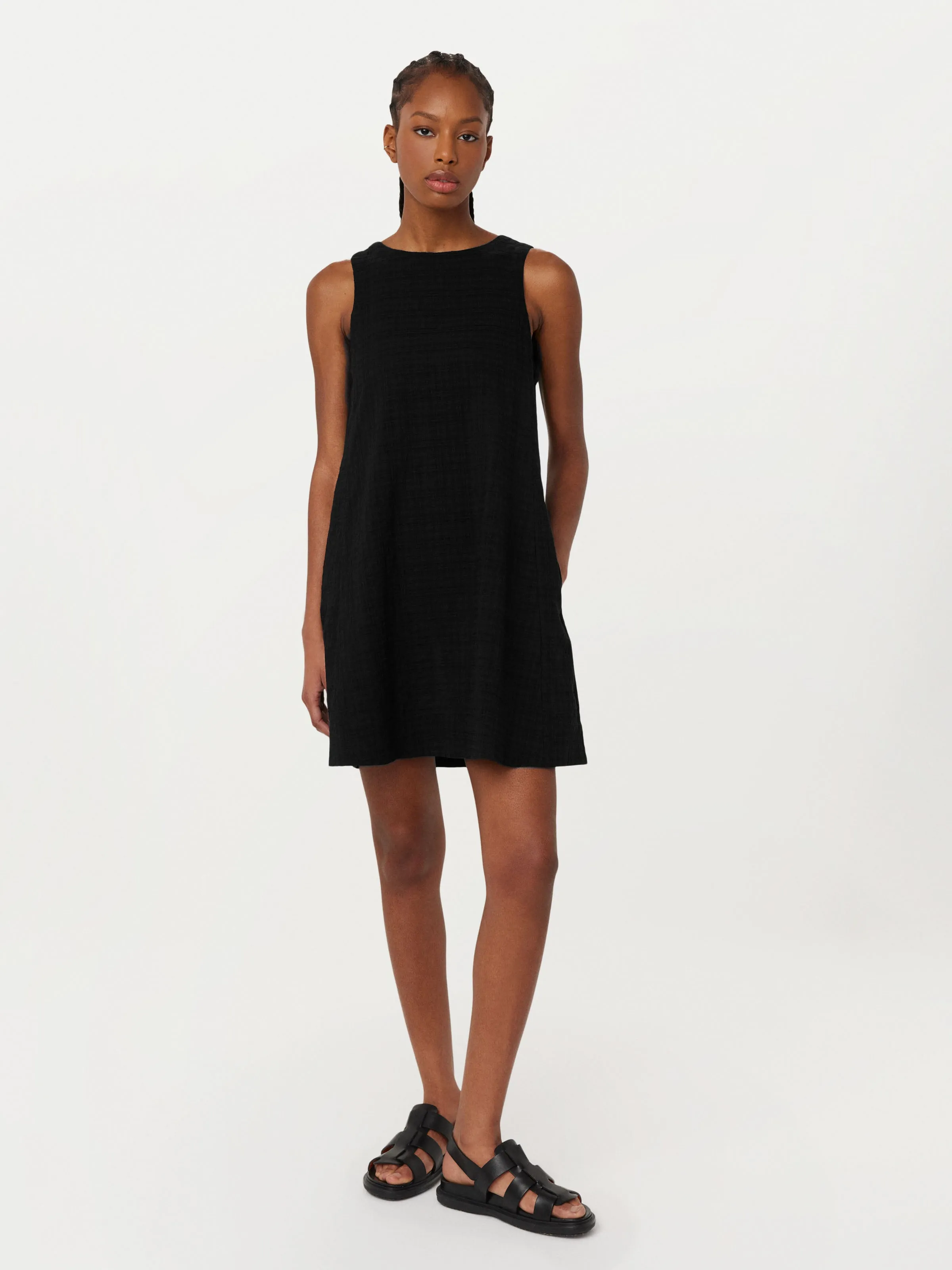 The Seersucker Shift Dress in Black sold by Frank & Oak