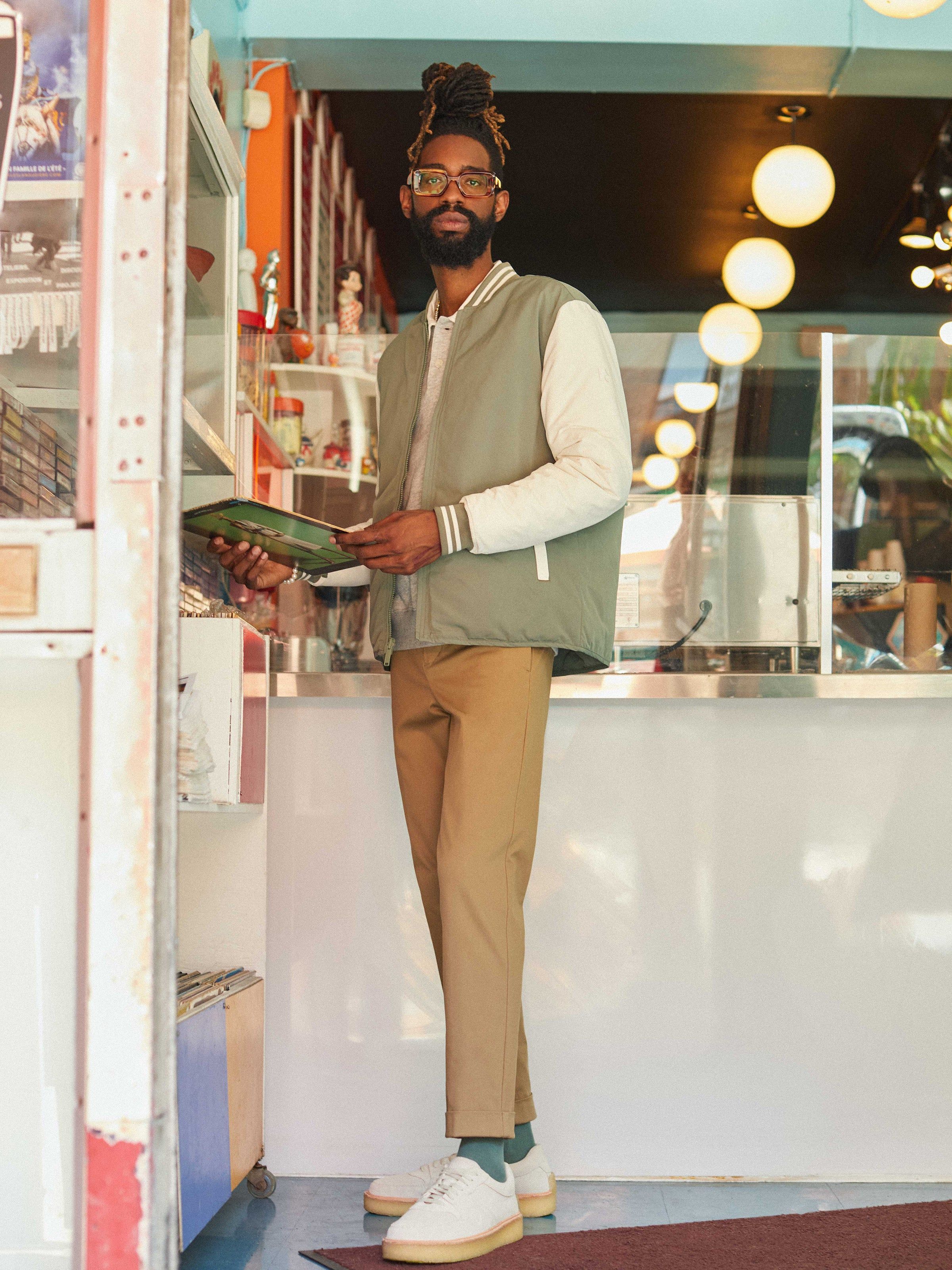 The Tapered Flex Worker's Pant in Tan sold by Frank & Oak