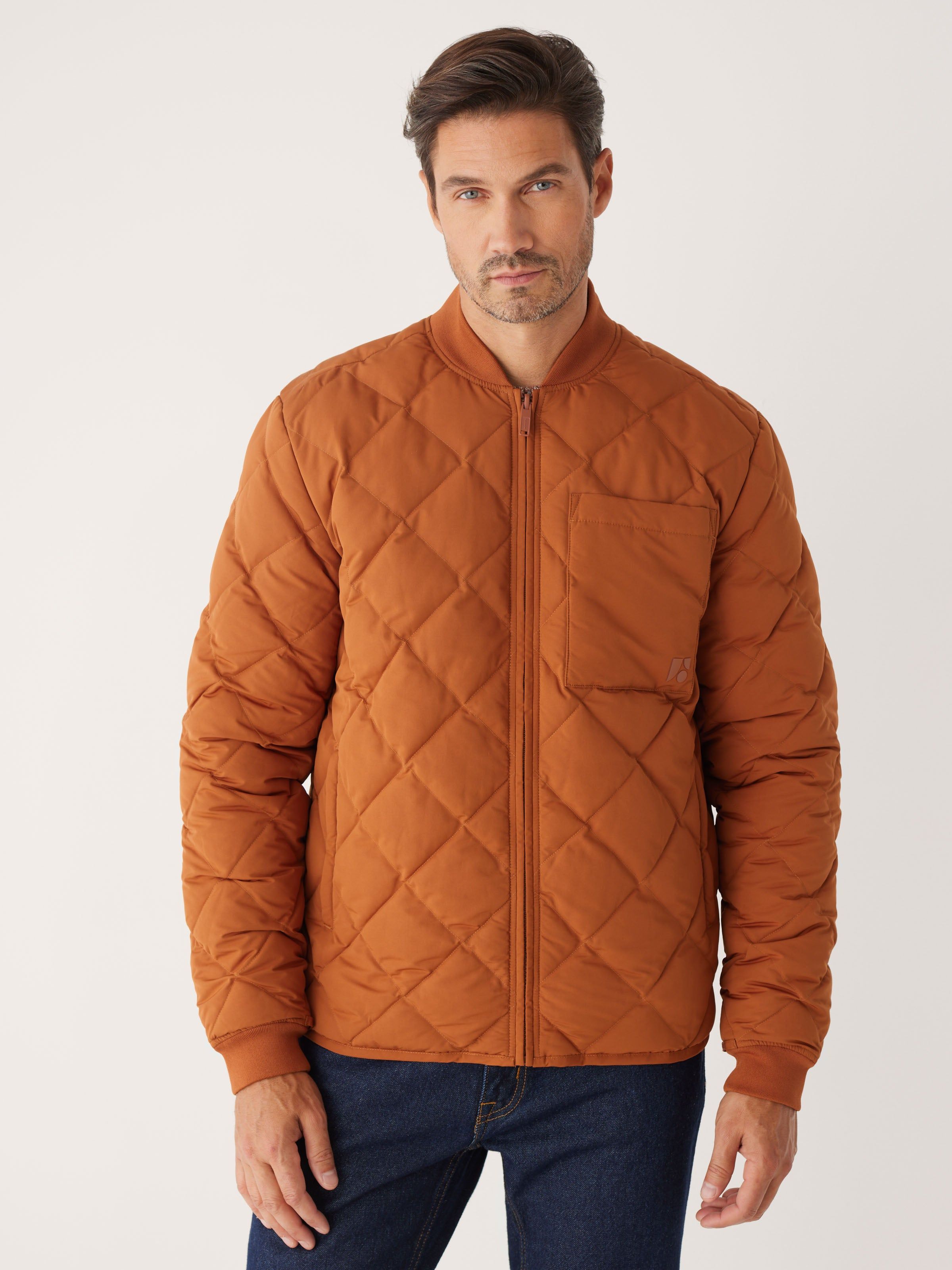 The Skyline Reversible Bomber in Orange sold by Frank & Oak