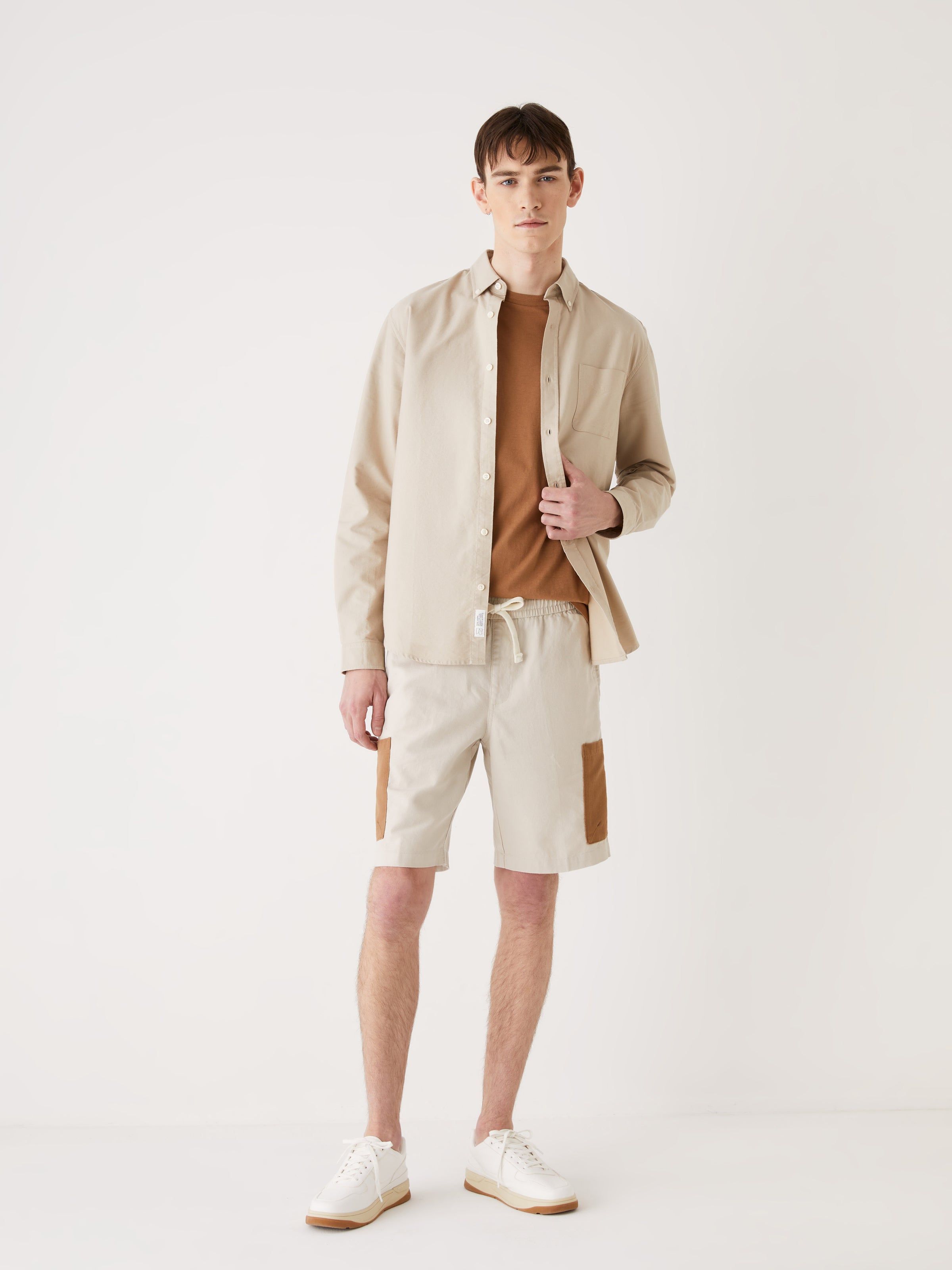 The Colour Block Cargo Short in Feather Grey sold by Frank & Oak