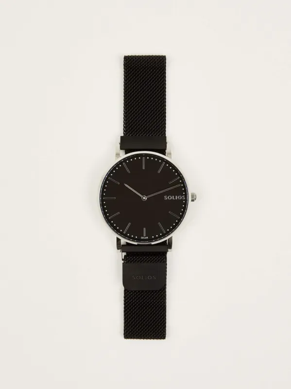 Solios Lux Solar Watch with Mesh Strap 40mm in Black sold by Frank & Oak