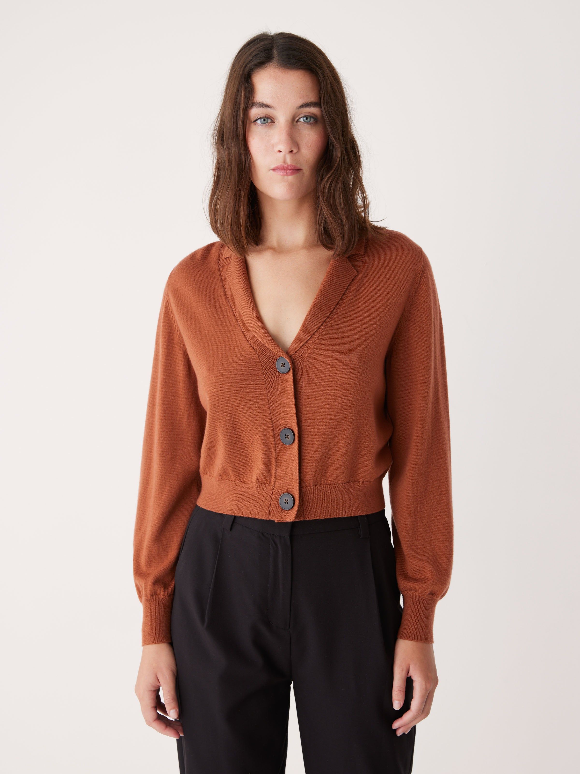 The Merino Wool Collared Cardigan in Burnt Sienna sold by Frank & Oak