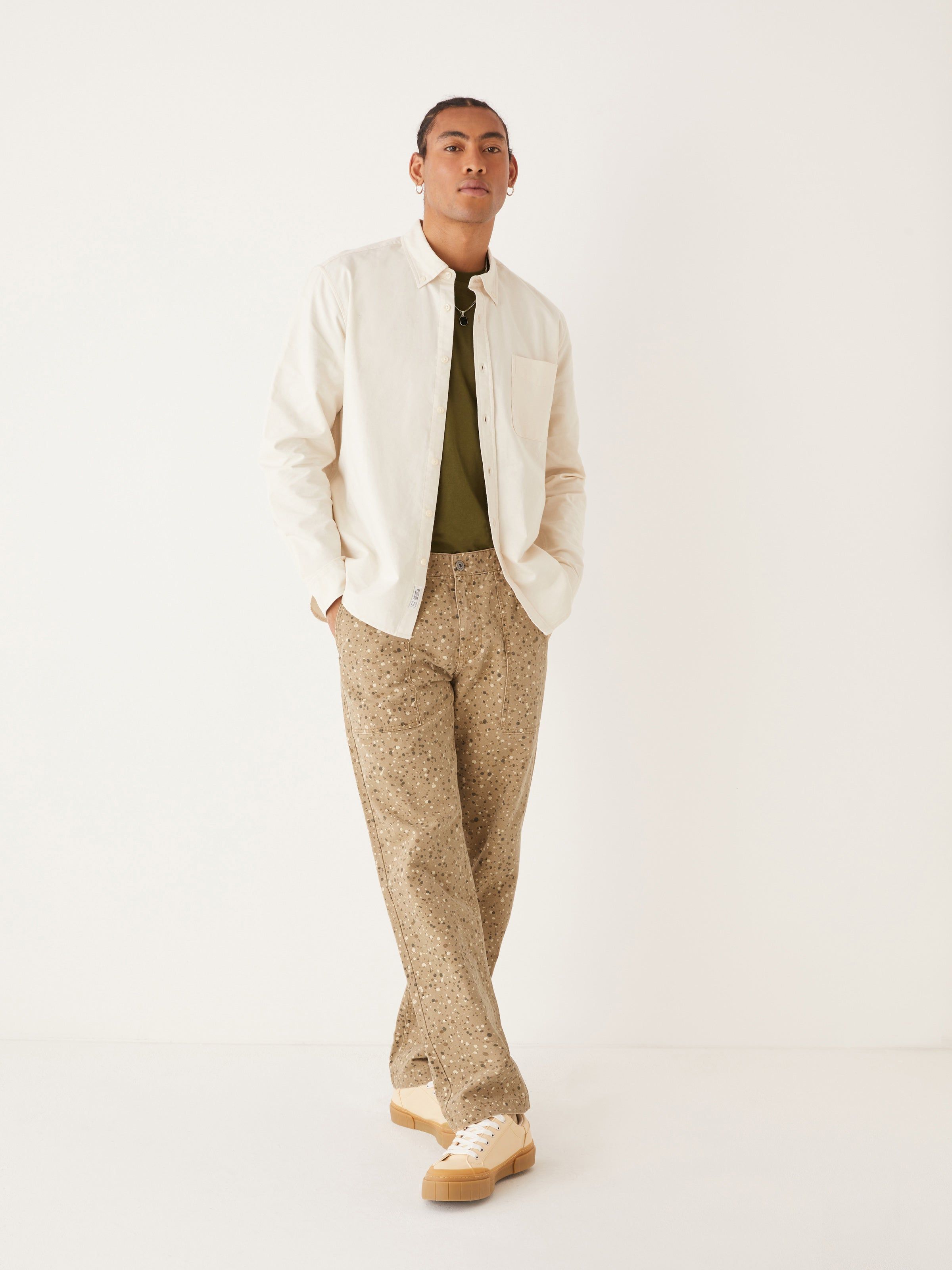 The Joey Straight Fit Printed Work Pant in Brown sold by Frank & Oak