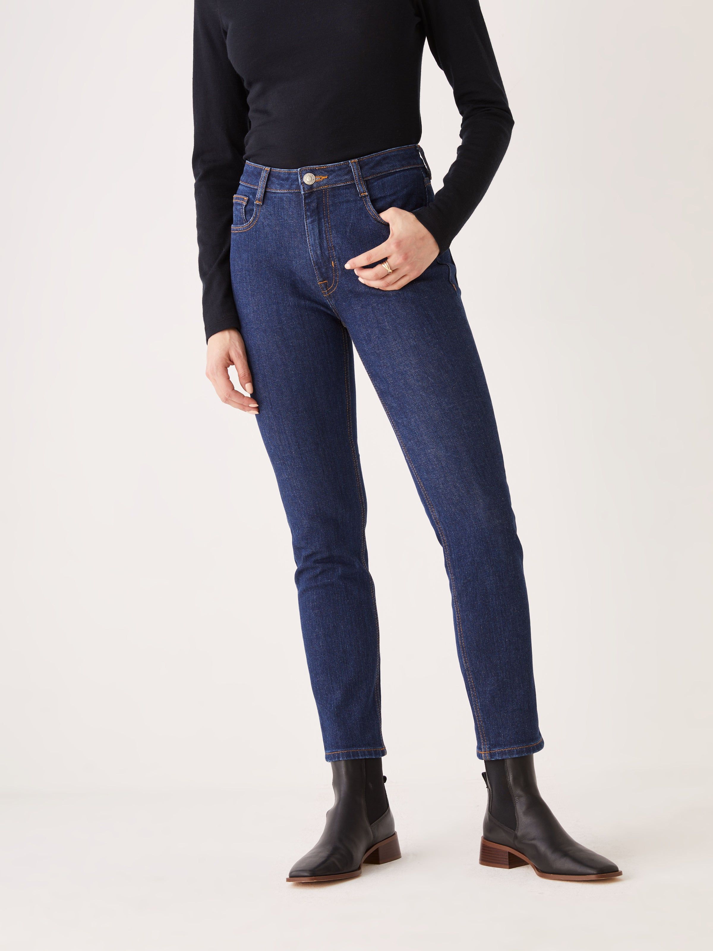 The Stevie High Rise Slim Jean in Dark Indigo sold by Frank & Oak
