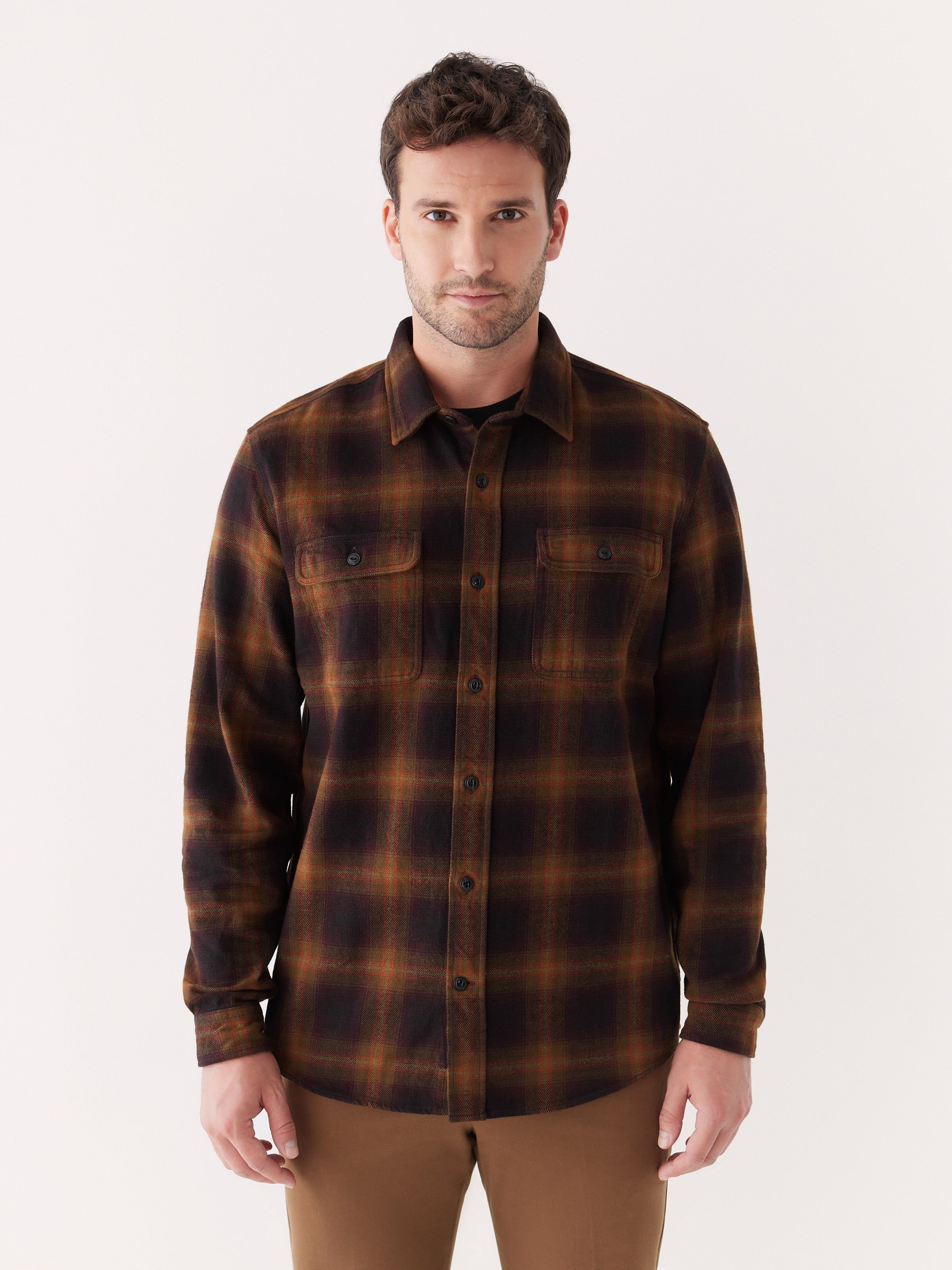 The Kapok Flannel Overshirt in Cocoa sold by Frank & Oak