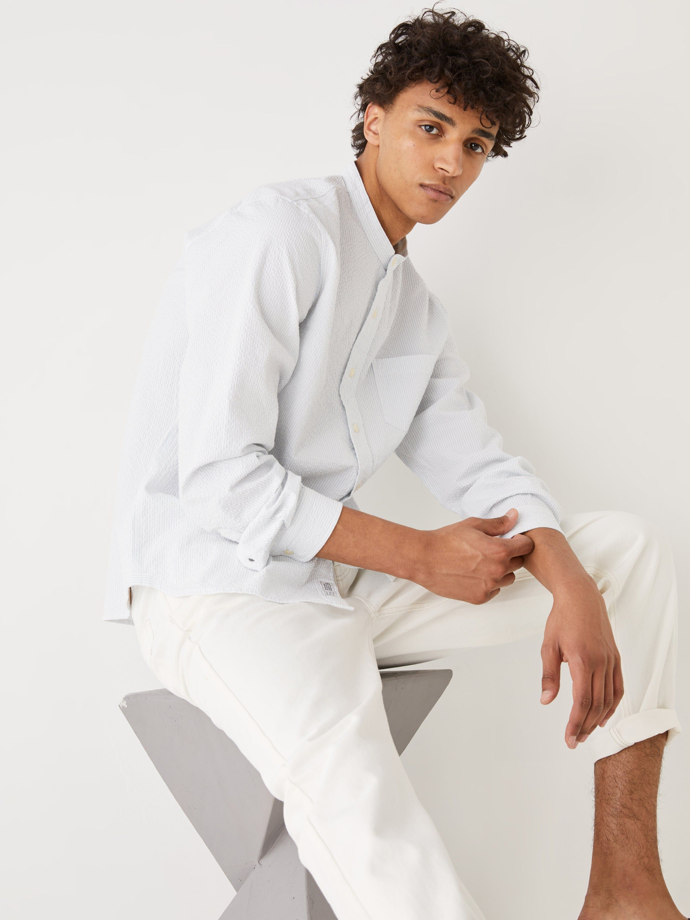 The Striped Seersucker Shirt in Blue sold by Frank & Oak