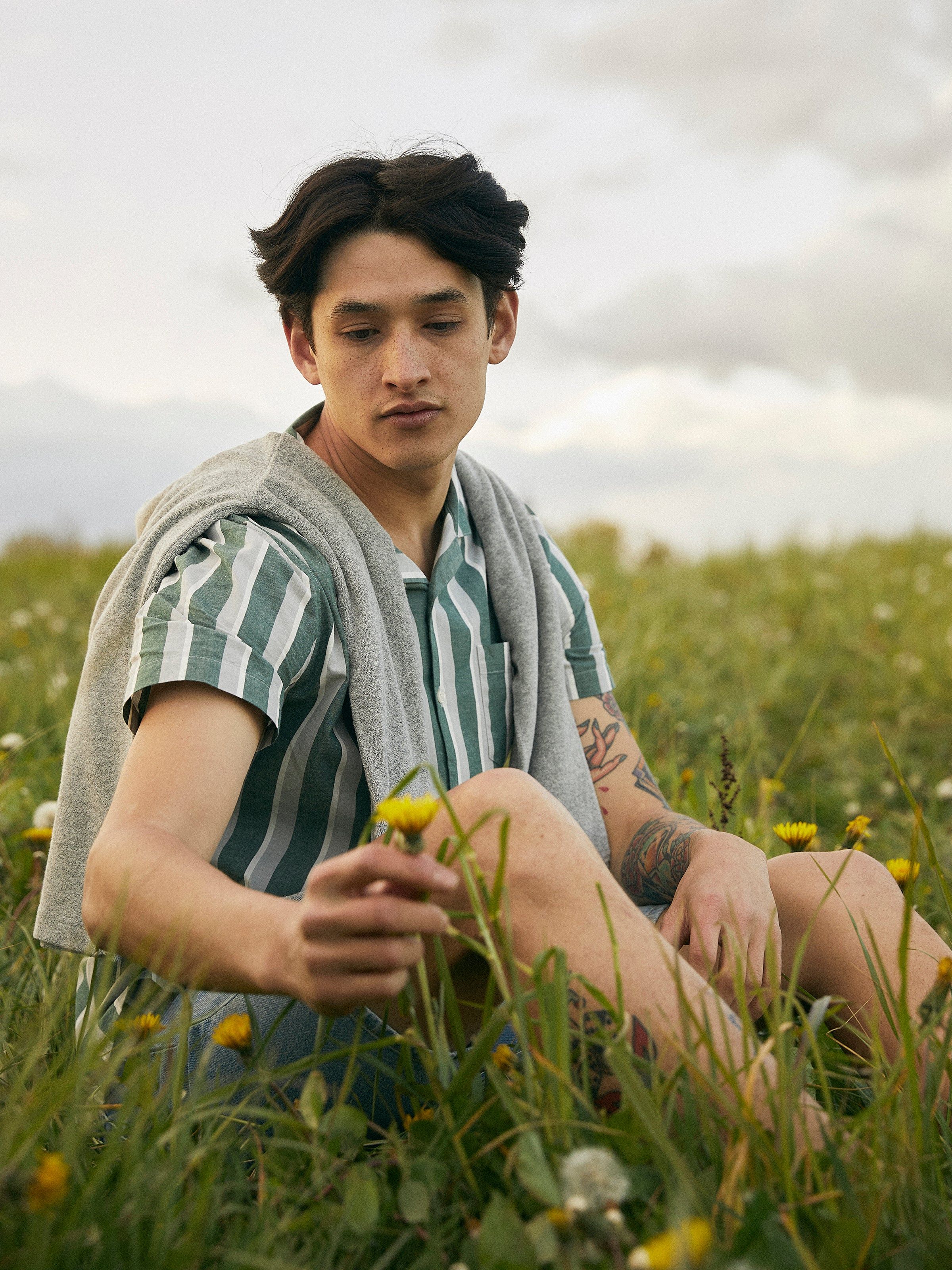 The Striped Camp Collar Shirt in Dark Green sold by Frank & Oak