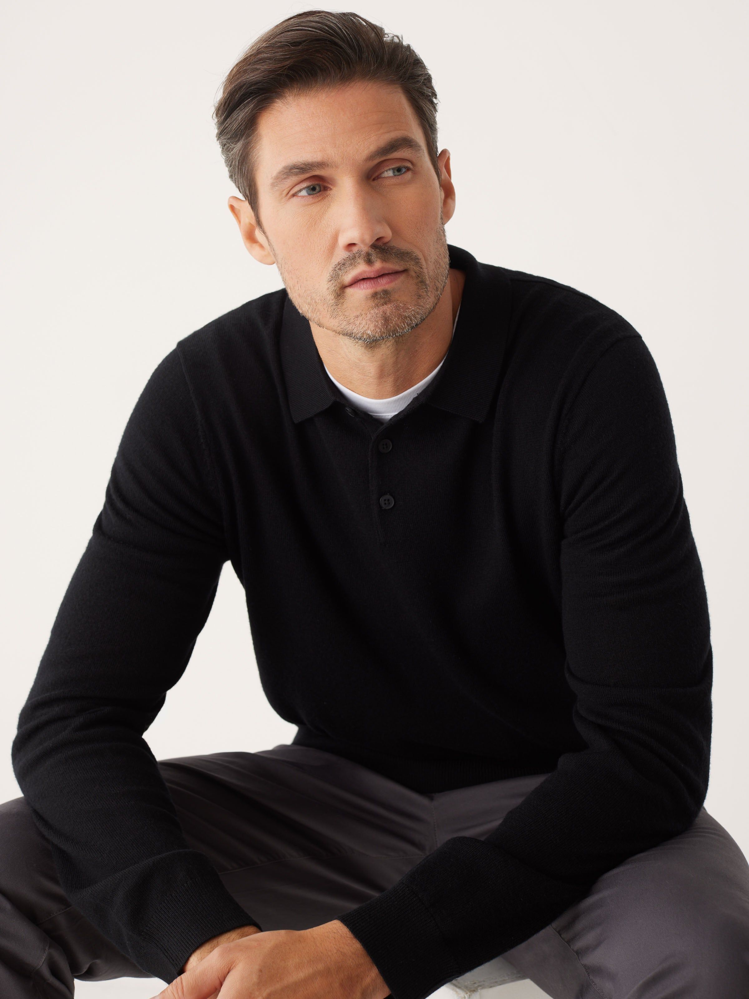 The Merino Polo Sweater in Steel Blue sold by Frank & Oak