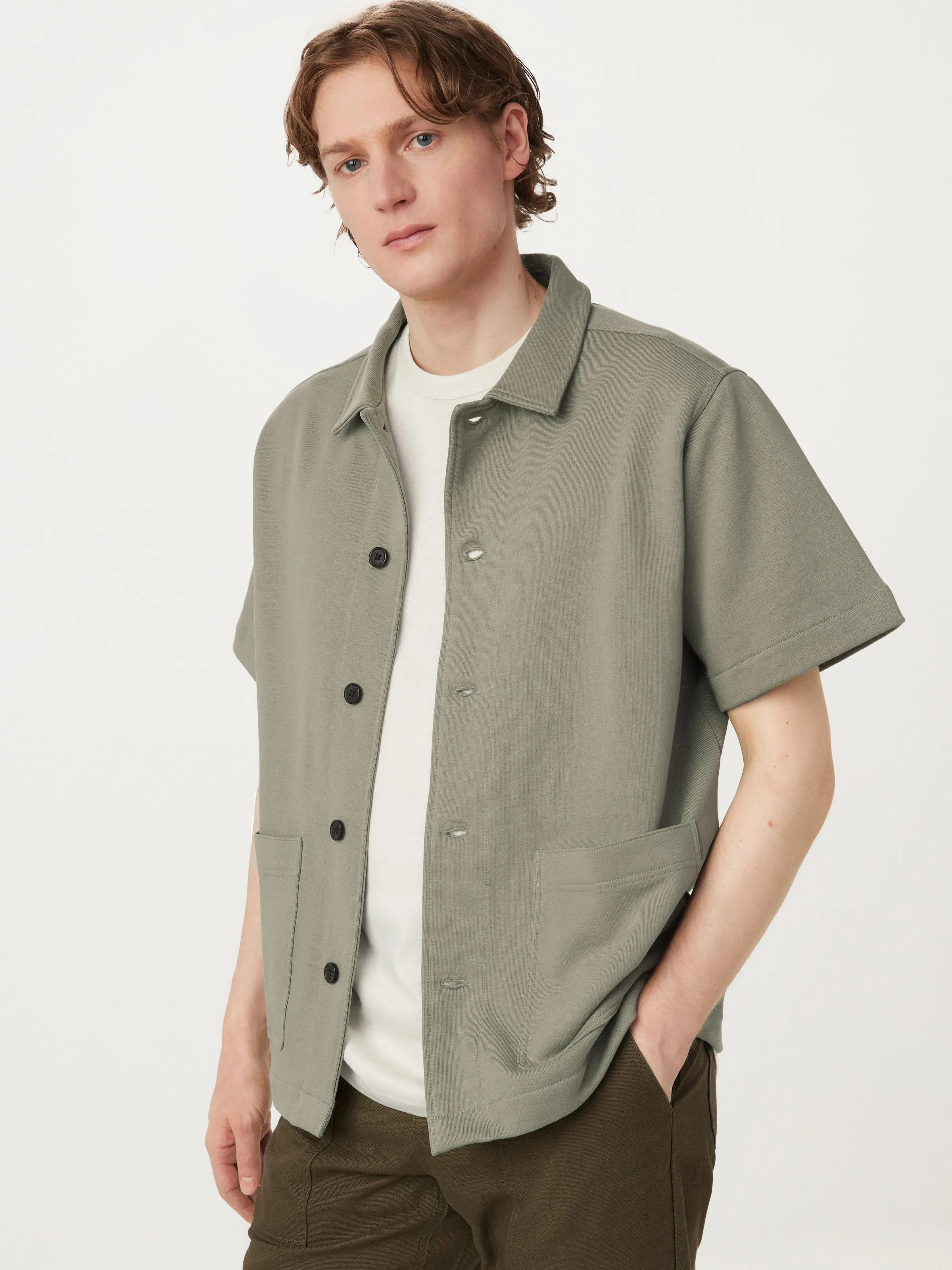 The Short Sleeve Overshirt in Vetiver Green sold by Frank & Oak