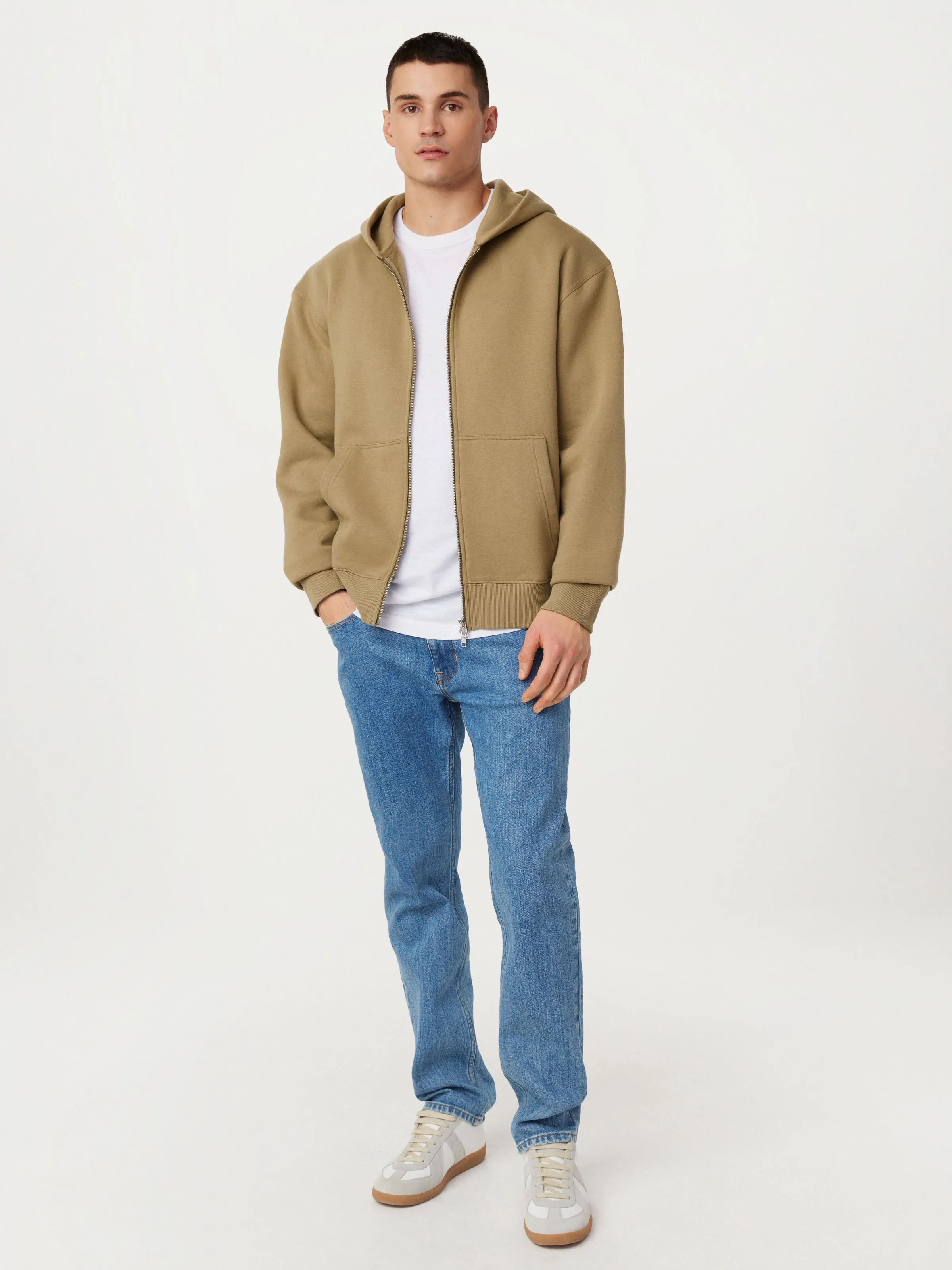 The Zip Up Fleece Hoodie in Khaki sold by Frank & Oak