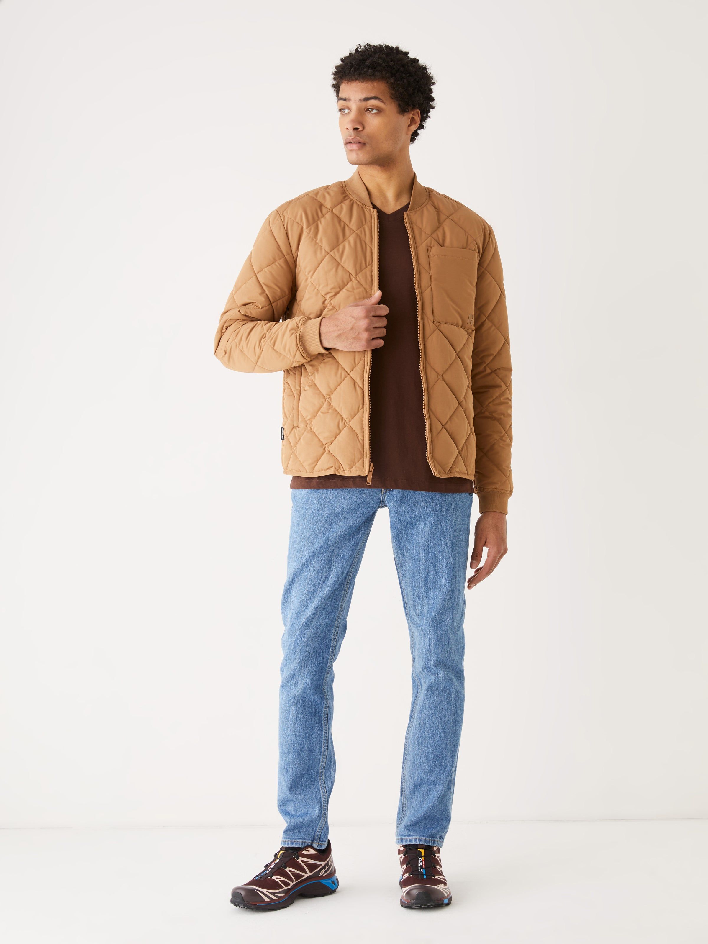 The Skyline Reversible Bomber in Amber sold by Frank & Oak