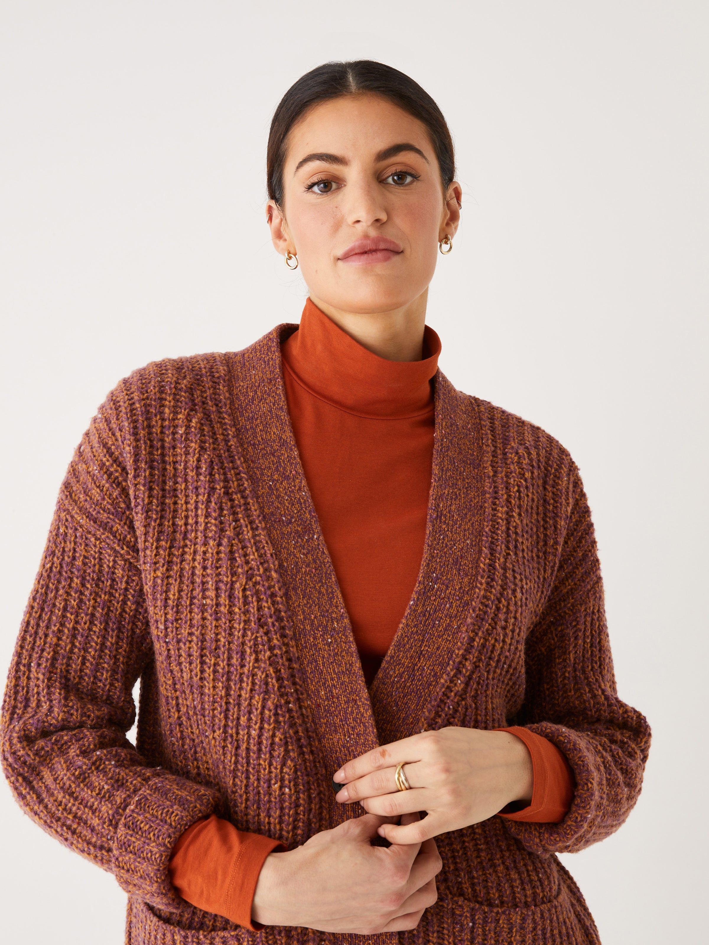 The Oversized Wool Blend Cardigan in Dark Orange sold by Frank & Oak