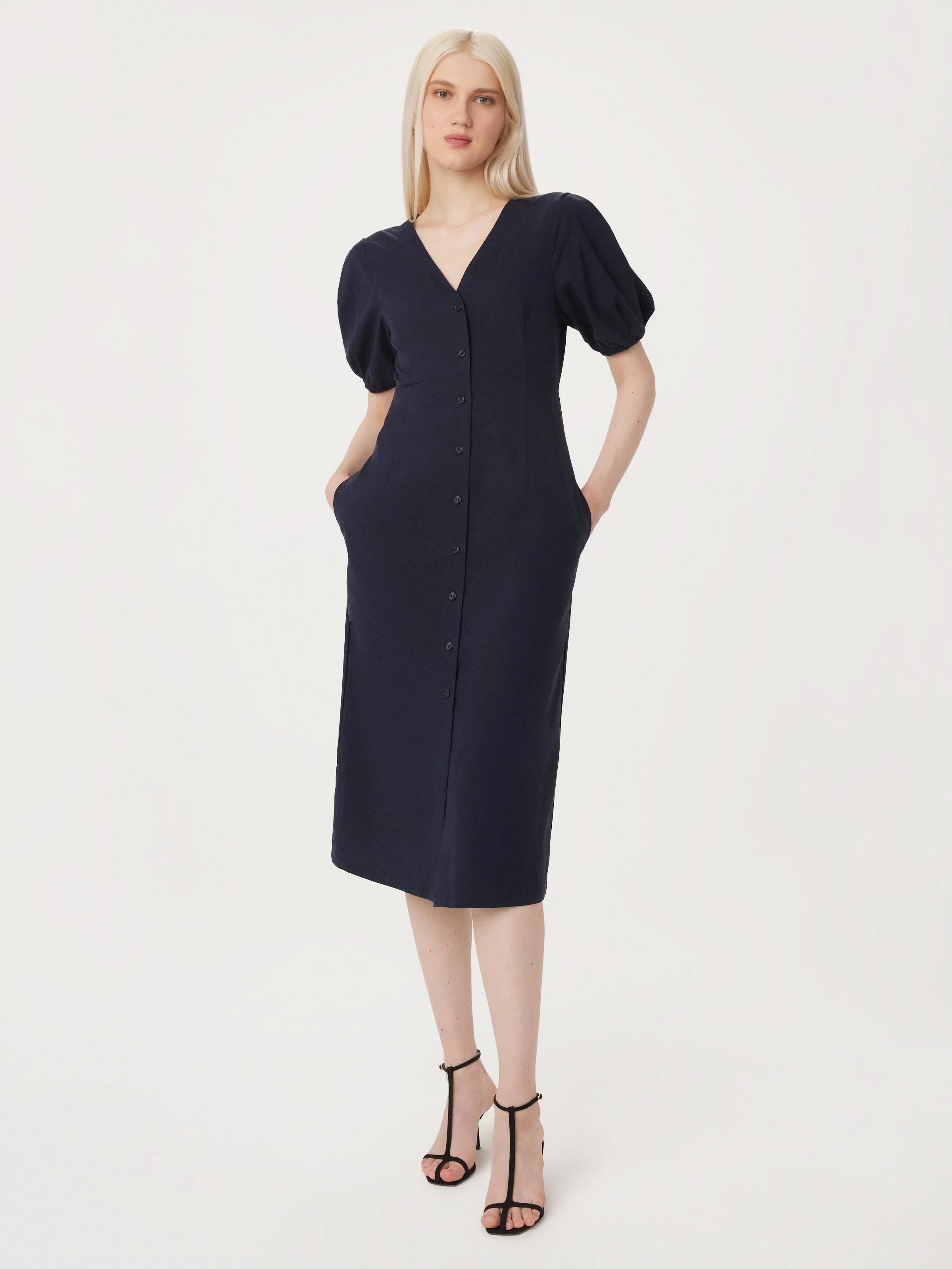 The Poplin Puffy Sleeve Dress in Dark Blue sold by Frank & Oak