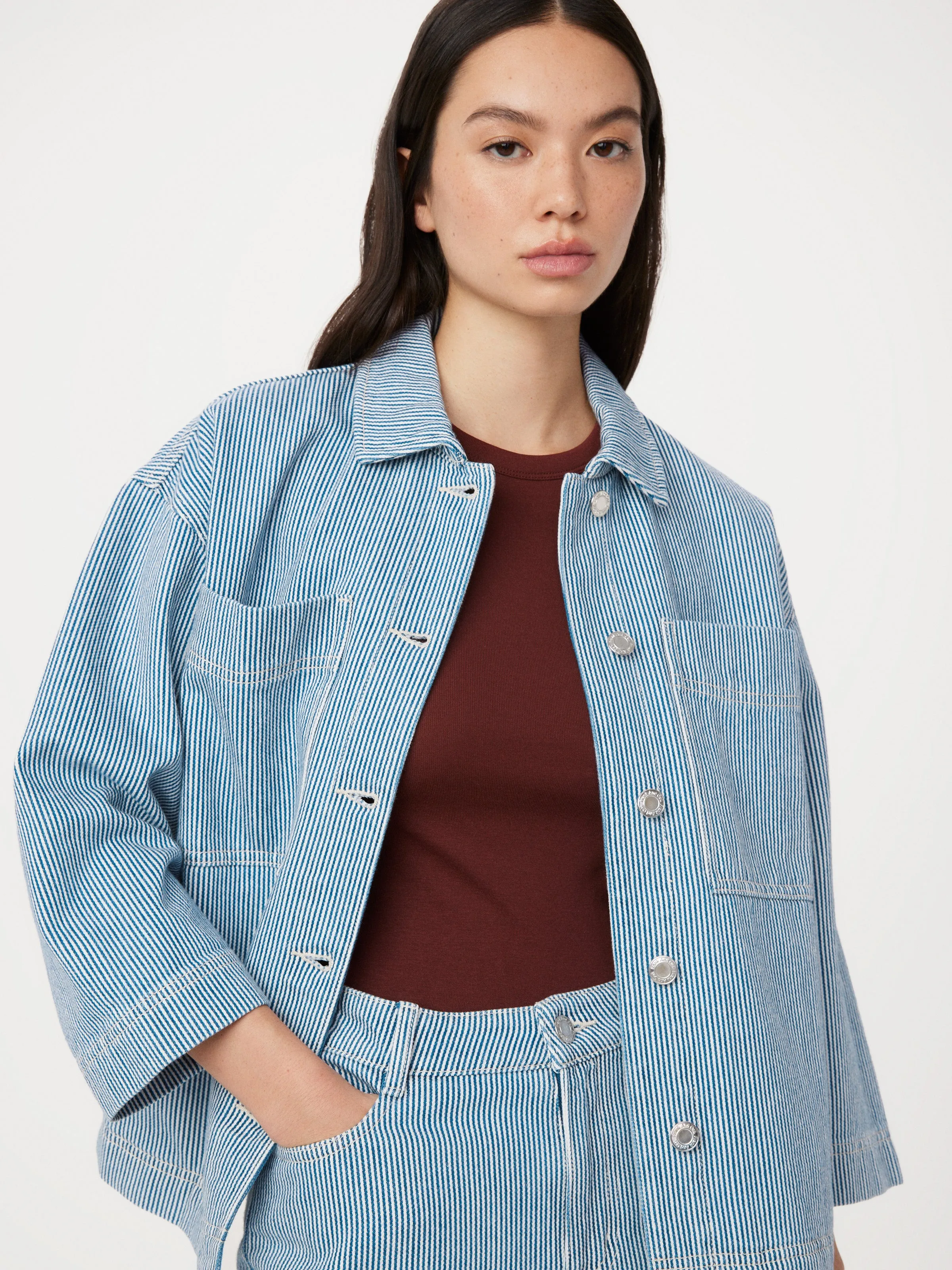 The Carpenter Striped Denim Jacket in Cobalt sold by Frank & Oak