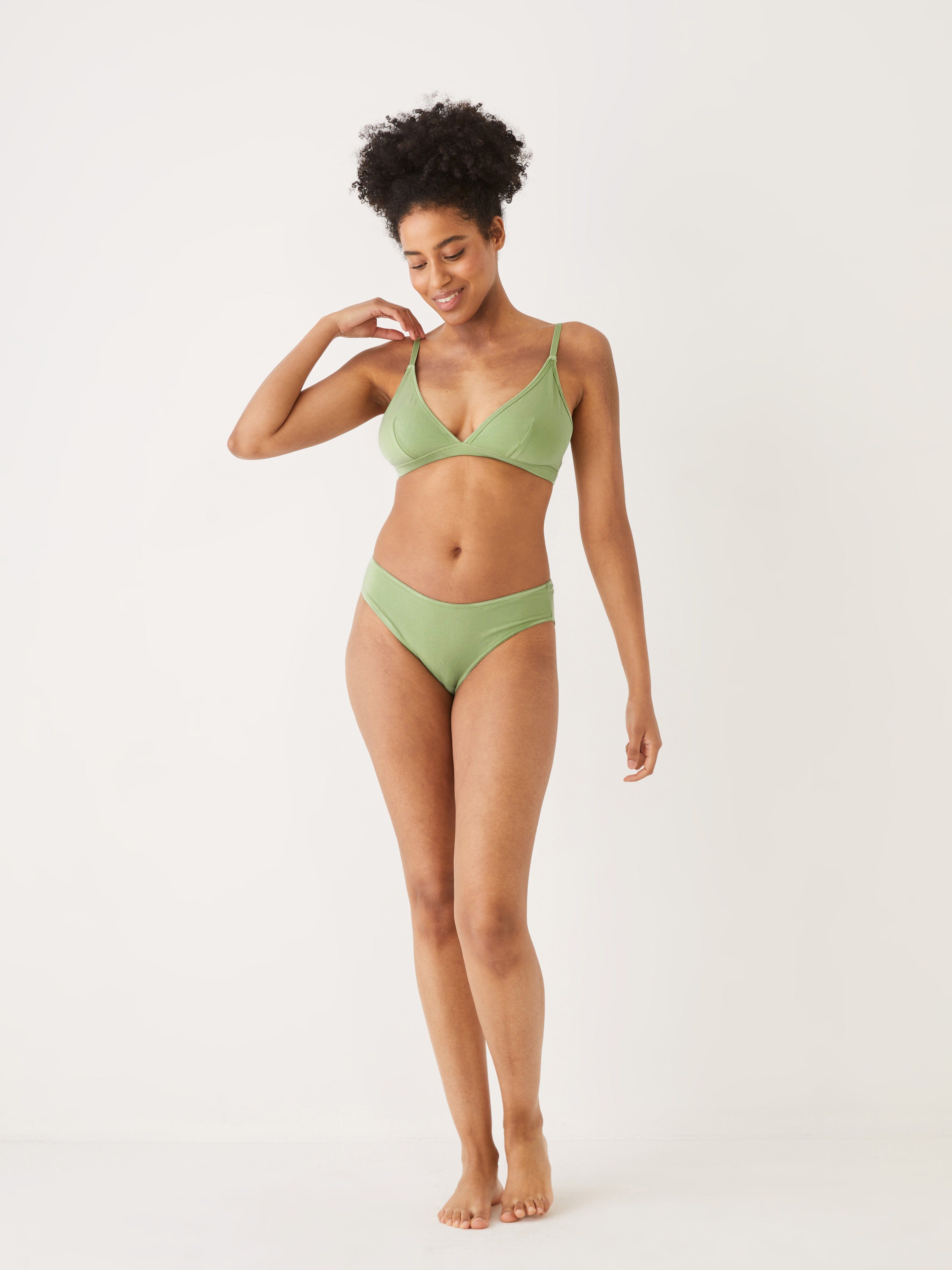 The Fluid Pull-On Triangle Bralette in Basil Green sold by Frank & Oak