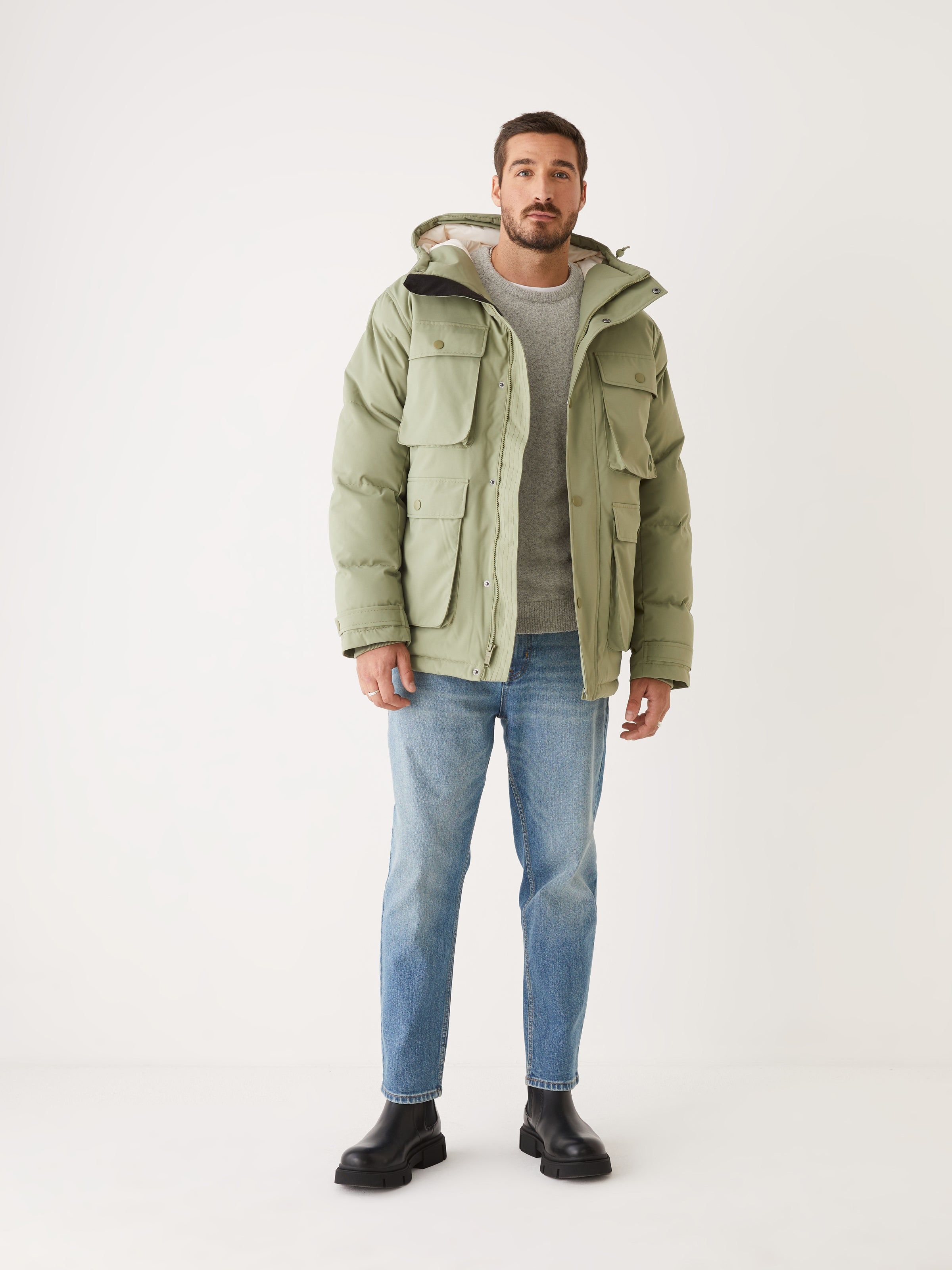The Melville Puffer Coat in Oil Green sold by Frank & Oak