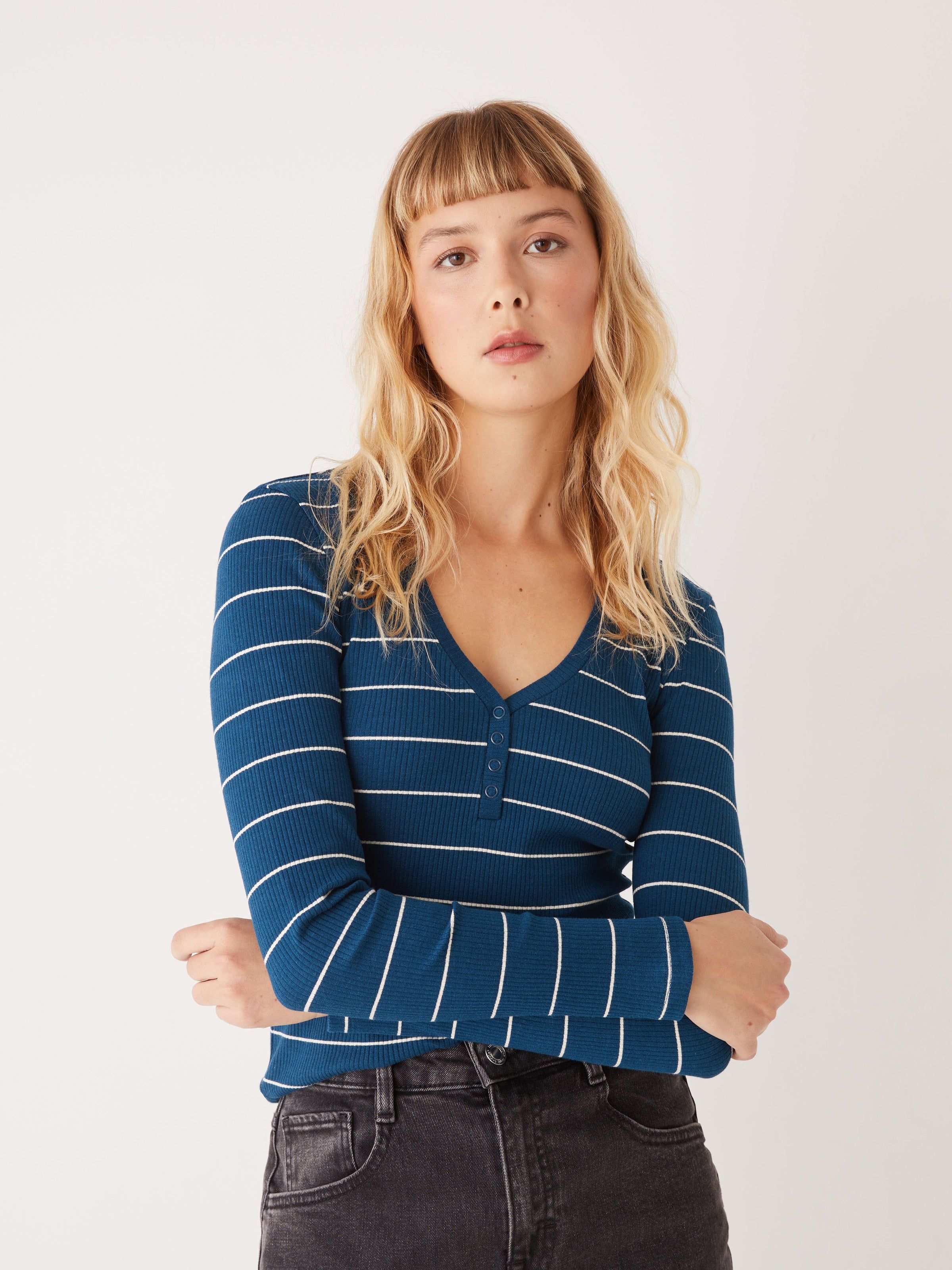The Ribbed Henley Top in Dark Blue sold by Frank & Oak