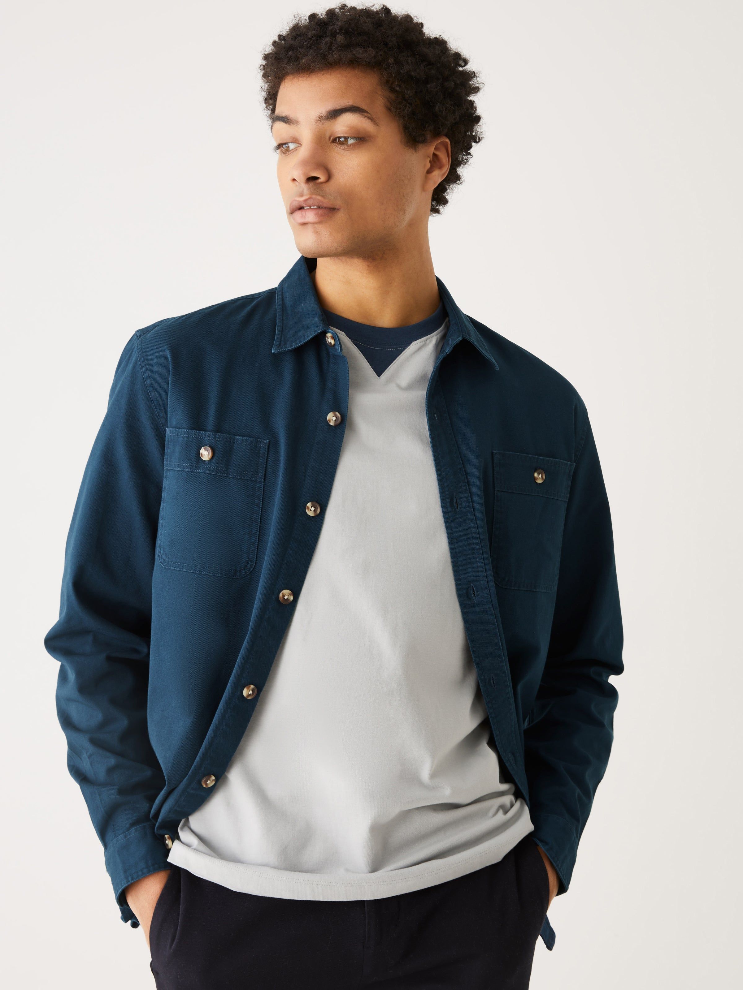 The Washed Twill Worker Shirt in Dark Blue sold by Frank & Oak