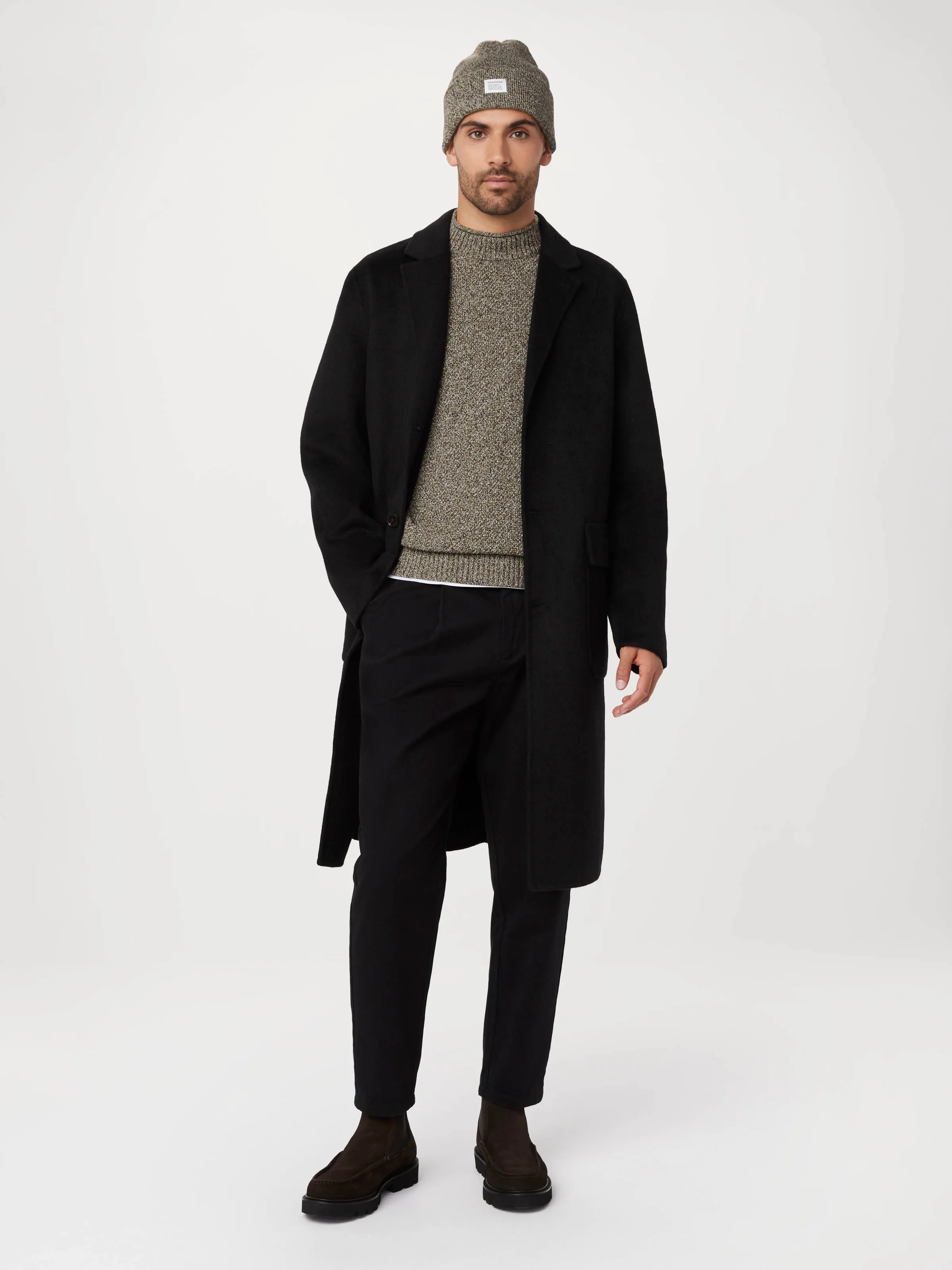 The Michel Recycled Wool Topcoat in Black sold by Frank & Oak