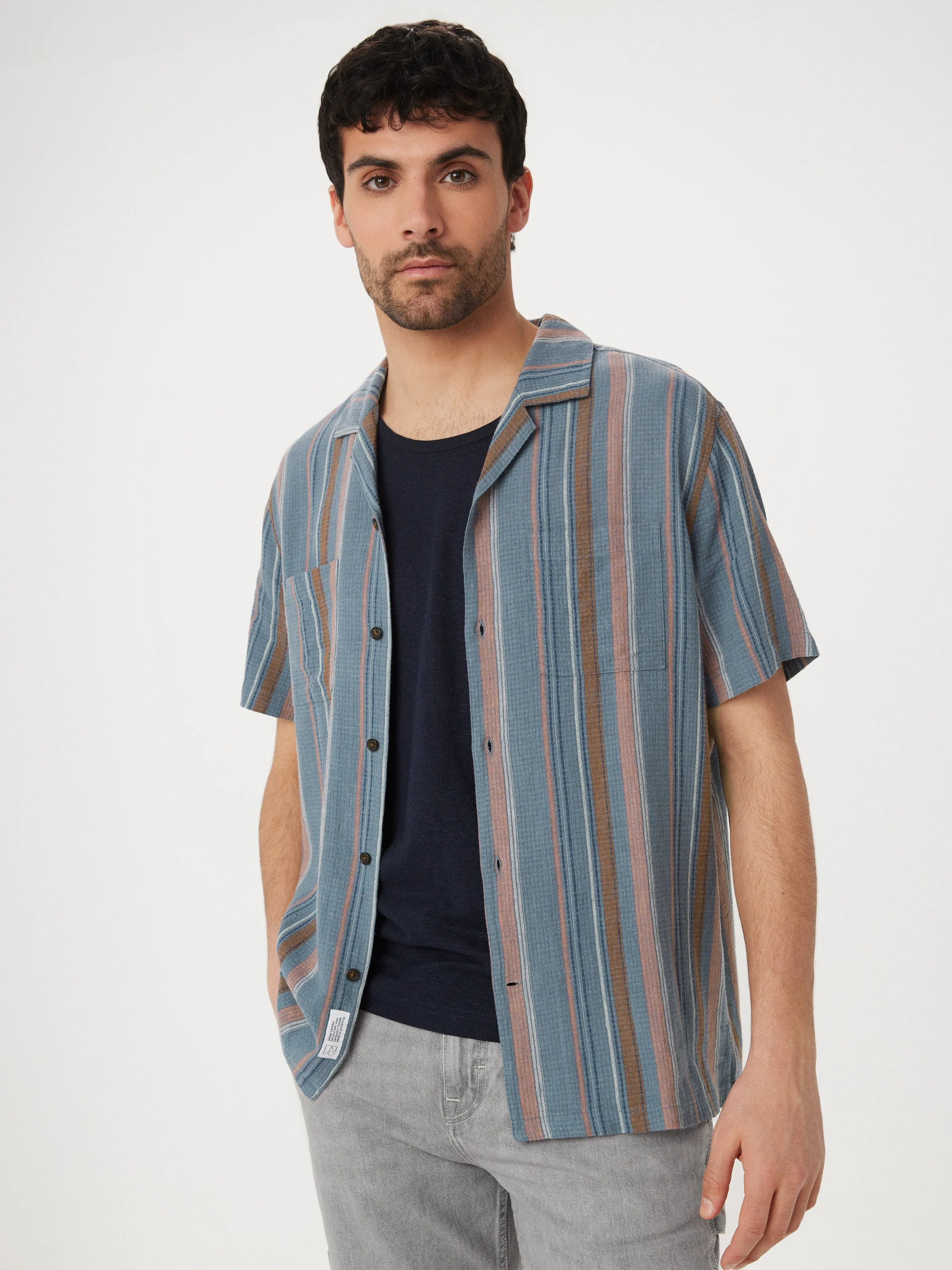 The Linen Camp Collar Shirt in Storm Blue sold by Frank & Oak