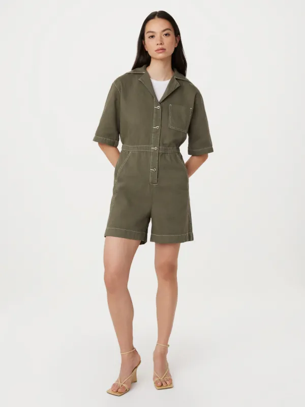 The Utility Romper in Green sold by Frank & Oak