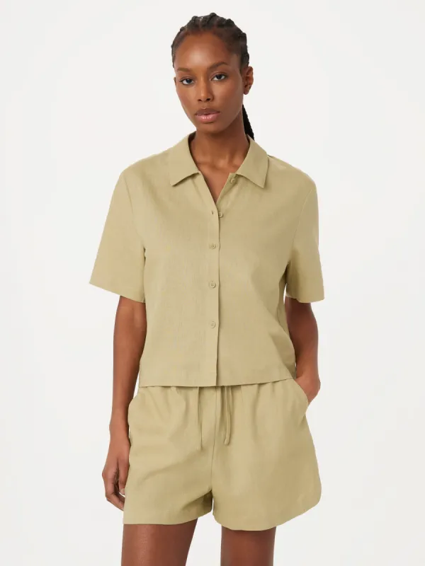 The Cropped Linen Blend Shirt in Green Beige sold by Frank & Oak