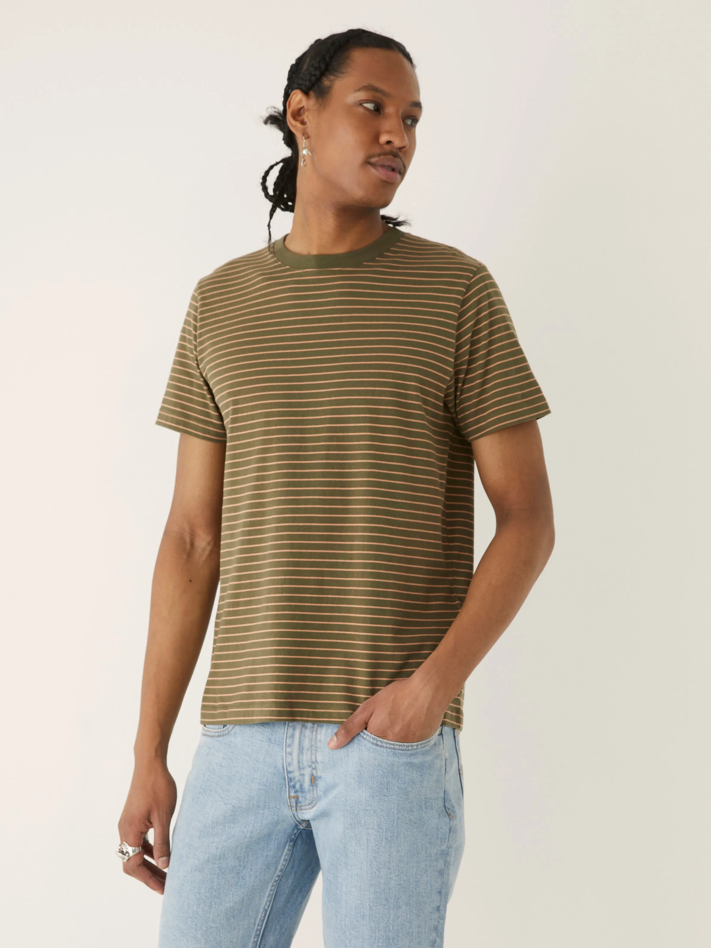 The Striped Slim T-Shirt in Dark Olive sold by Frank & Oak