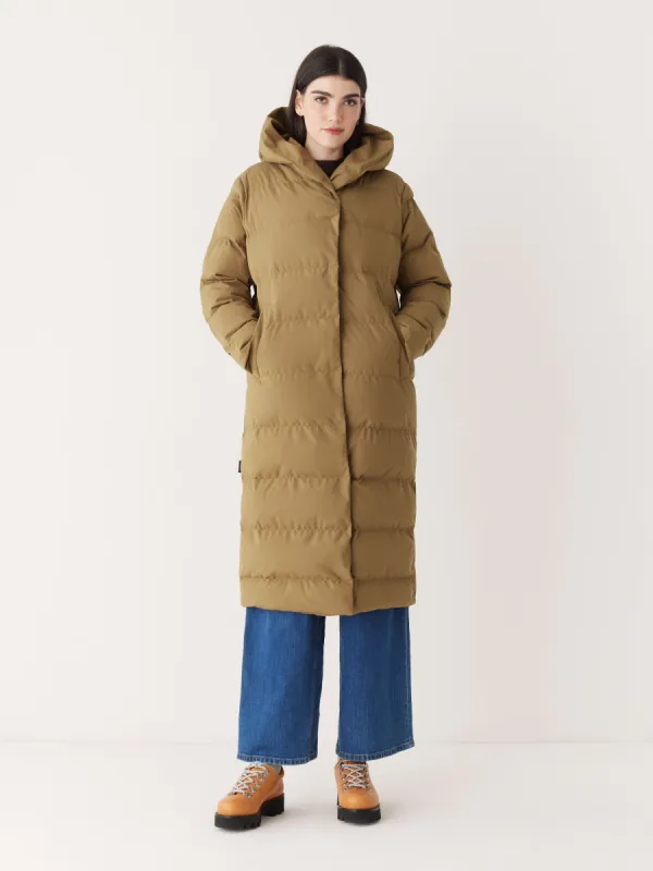 The Highland Long Puffer Coat in Amber Brown sold by Frank & Oak
