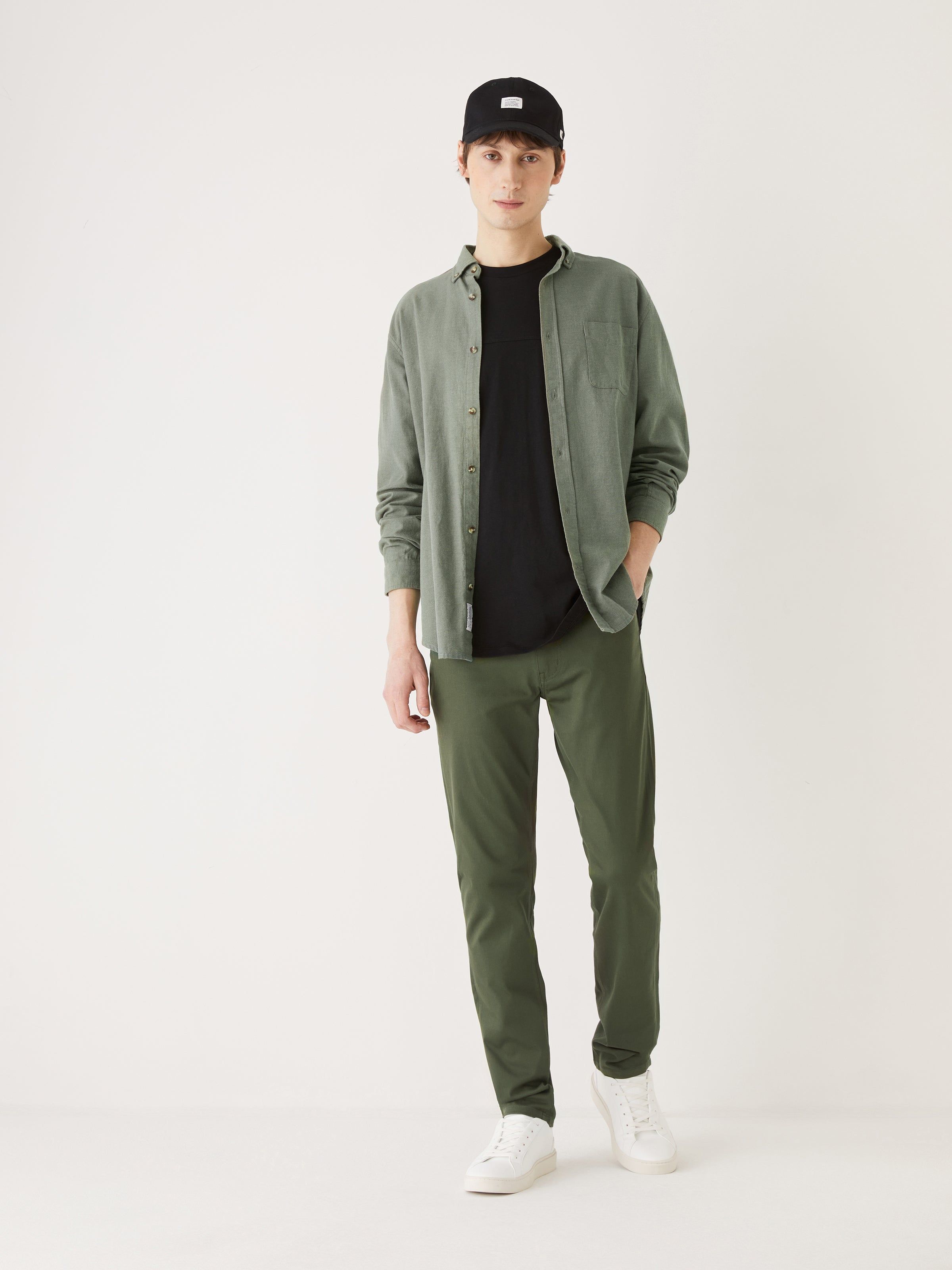 The Carlton Organic Cotton Shirt in Vetiver Green sold by Frank & Oak