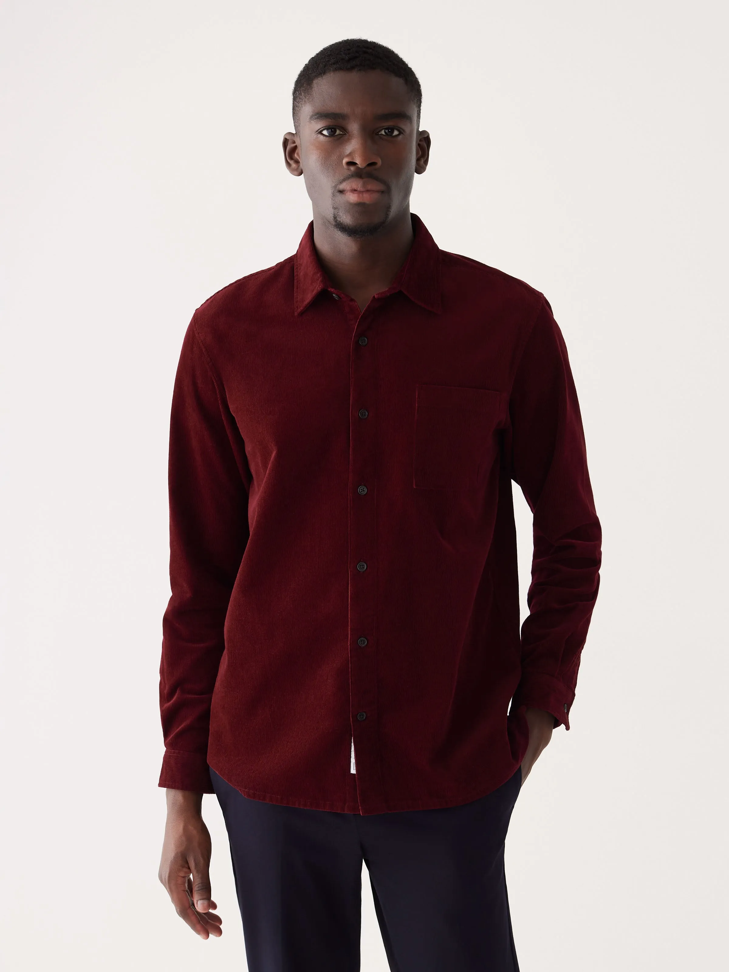 The Boxy Corduroy Shirt in Wine Red sold by Frank & Oak
