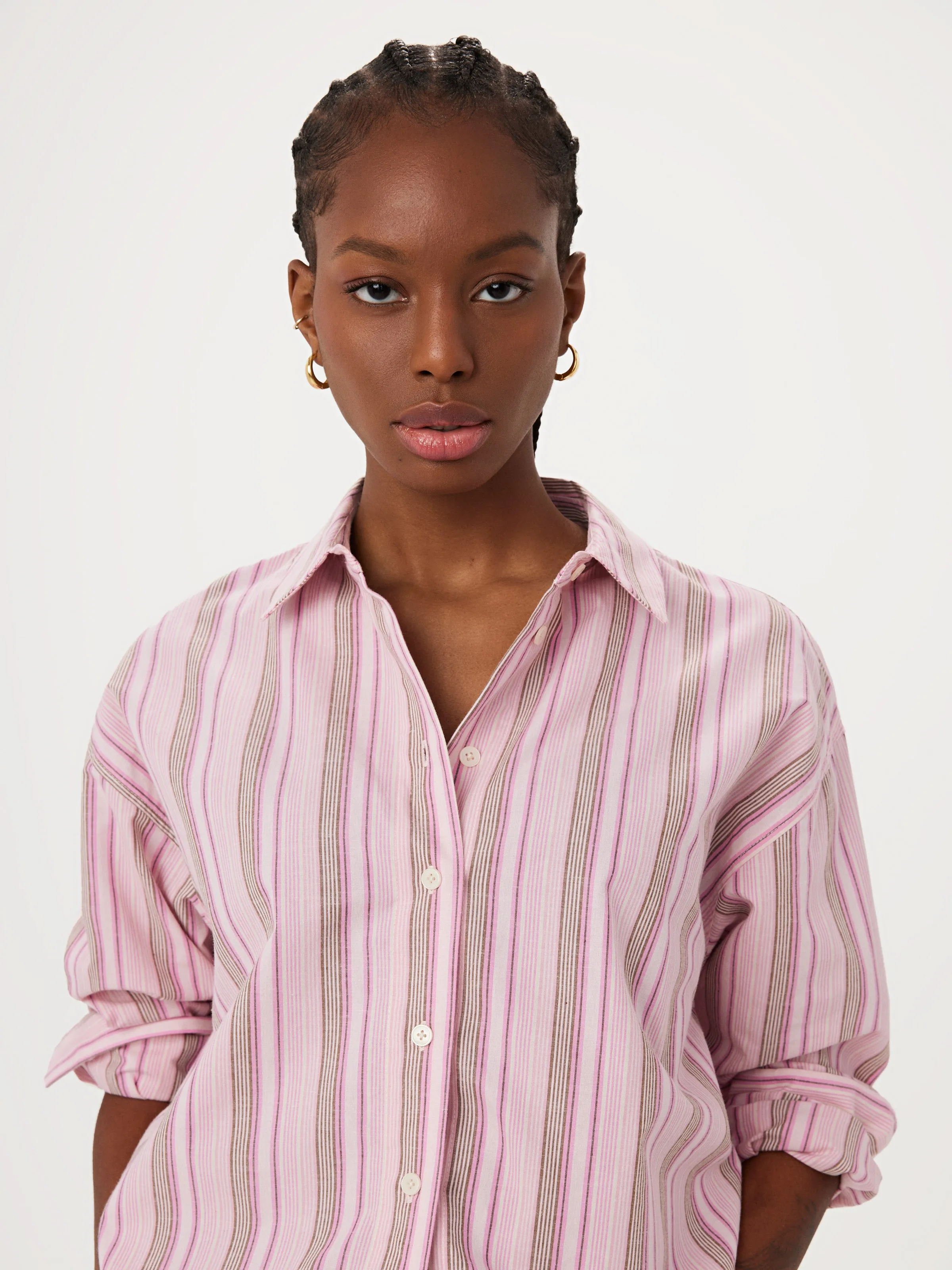 The Loose Striped Kapok Shirt in Pink sold by Frank & Oak