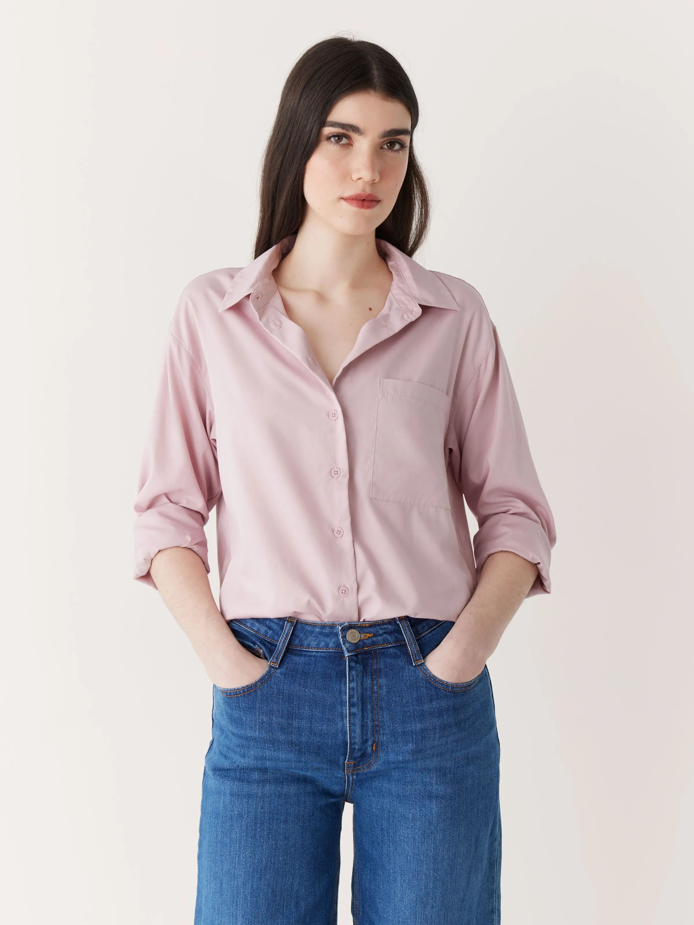 The Fluid Long Sleeve Blouse in Soft Orchid sold by Frank & Oak